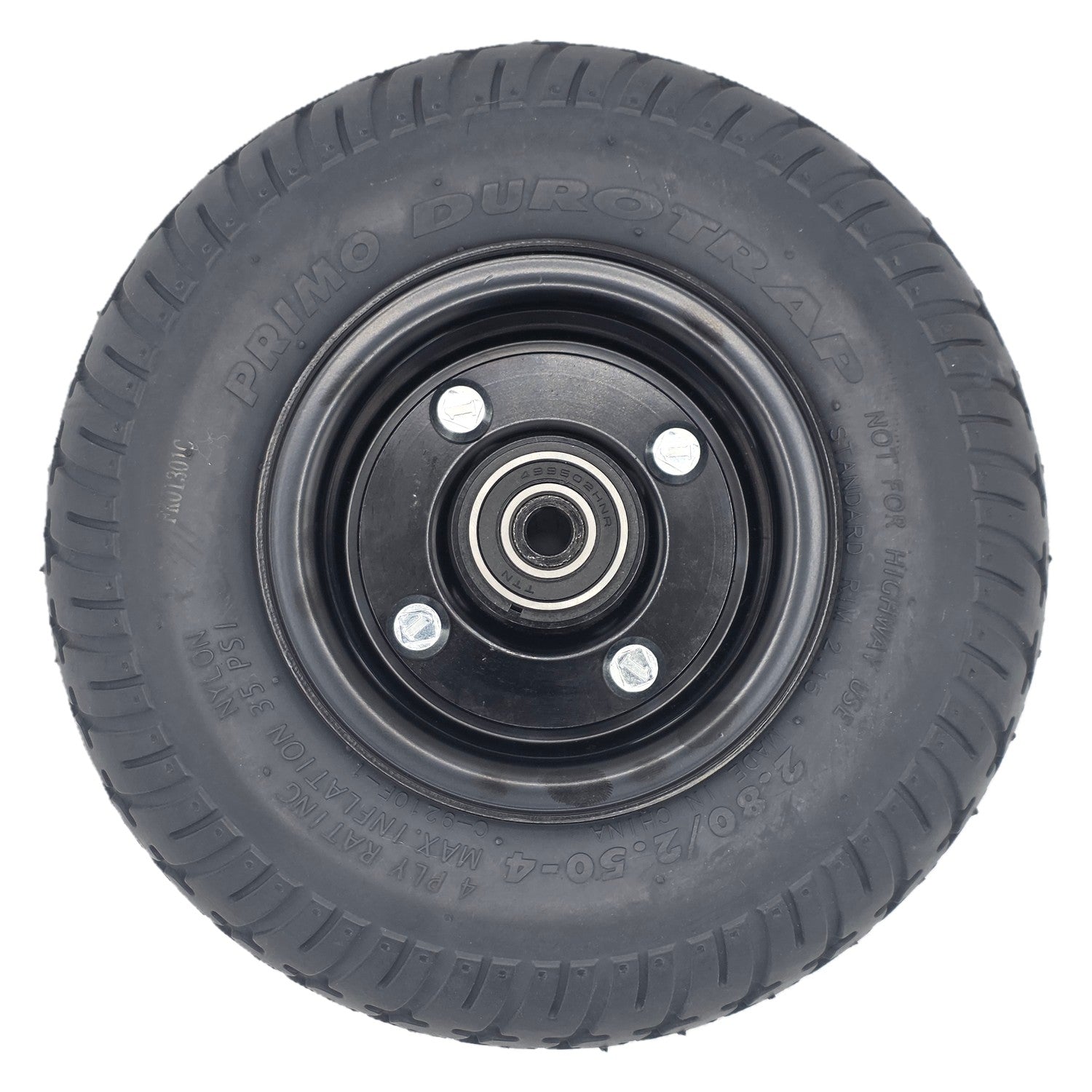 Top view of the 9 in. Caster Wheel Assembly for Pride Jazzy 1450 Power Wheelchair. 2.80/2.50-4 black tire fits the left or right side rear wheels. 