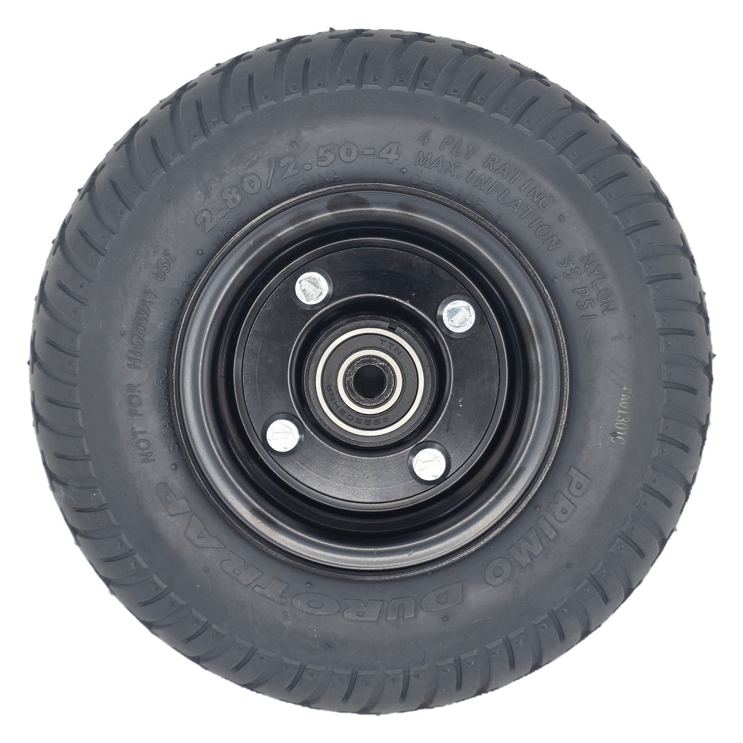 Top view of the 9 in. Caster Wheel Assembly for Pride Jazzy 1450 Power Wheelchair. Showing the 2.80/2.50-4 black tire fits the left or right side rear wheels. 
