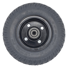 Top view of the 9 in. Caster Wheel Assembly for Pride Jazzy 1450 Power Wheelchair. 2.80/2.50-4 black tire fits the left or right side rear wheels. 
