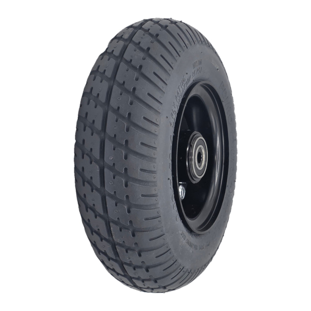The 9 in. Caster Wheel Assembly for Pride Jazzy 1450 Power Wheelchair. 2.80/2.50-4 black tire fits the left or right side rear wheels. 