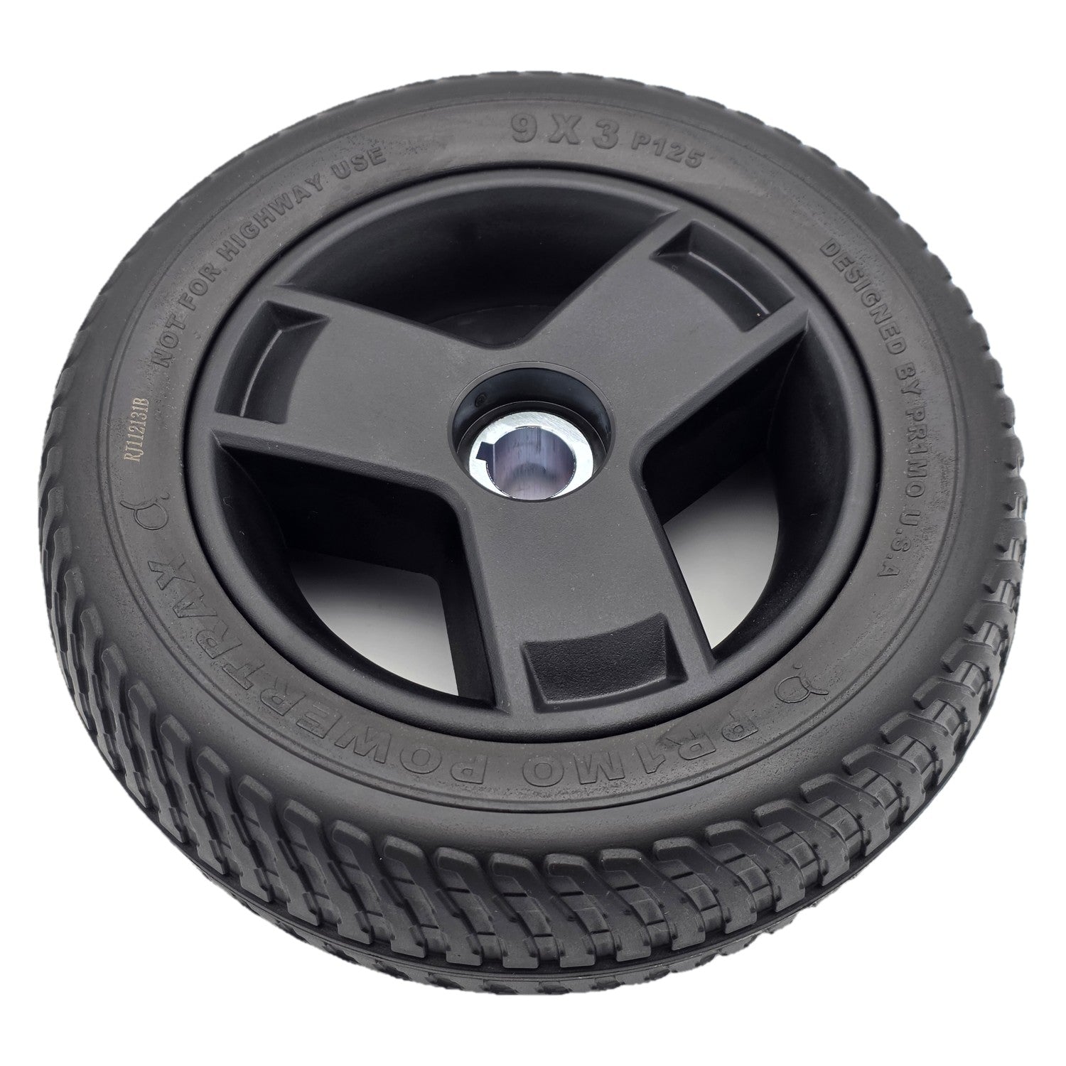 Close up view of the 9x3 Pr1mo Powertrax Drive Wheel for Pride Go Chair Med Power Chair features an assembled black tire and 3 spoke rim for easy install.