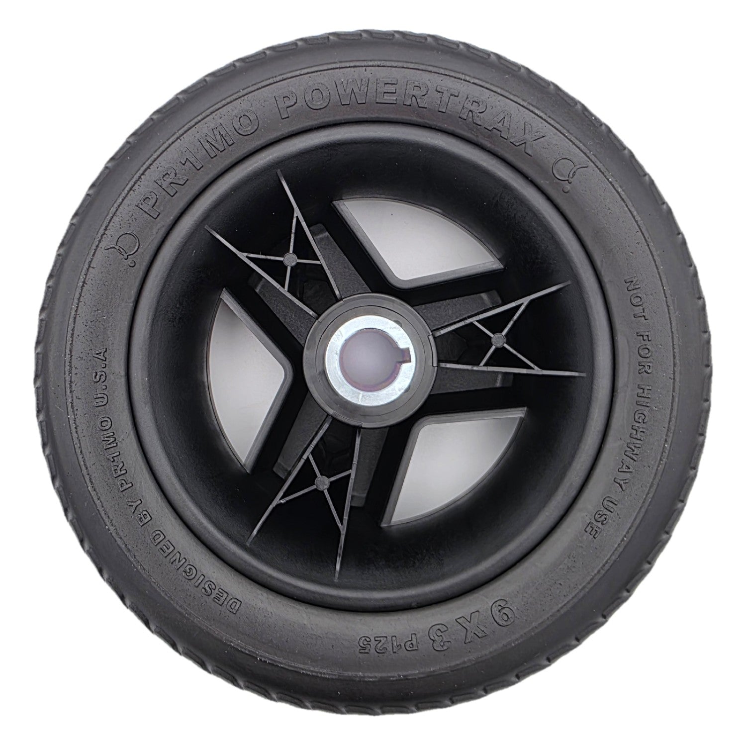 Back view of the 9x3 Pr1mo Powertrax Drive Wheel for Pride Go Chair Med Power Chair features an assembled black tire and 3 spoke rim for easy install.