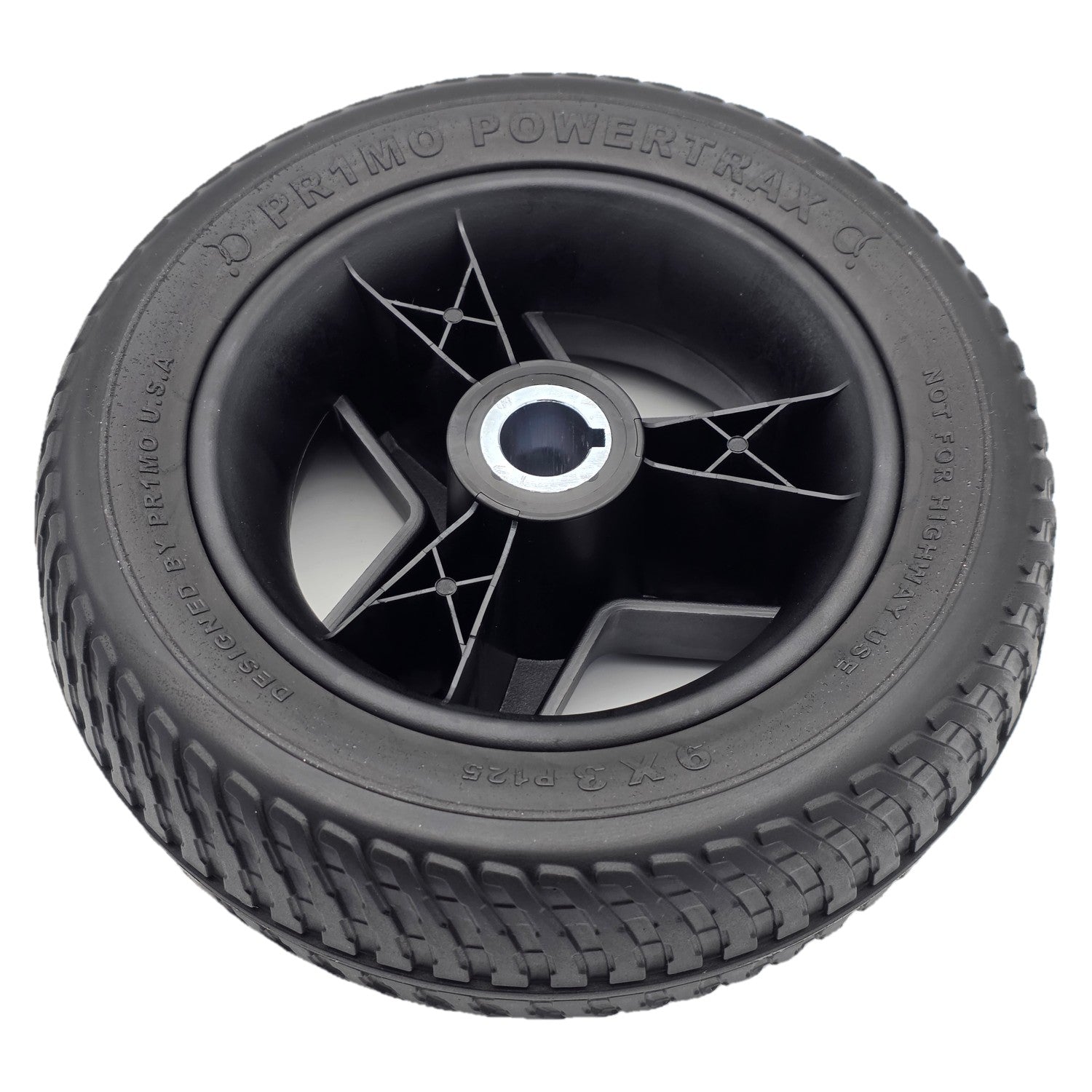 Back view of the 9x3 Pr1mo Powertrax Drive Wheel for Pride Go Chair Med Power Chair features an assembled black tire and 3 spoke rim for easy install.