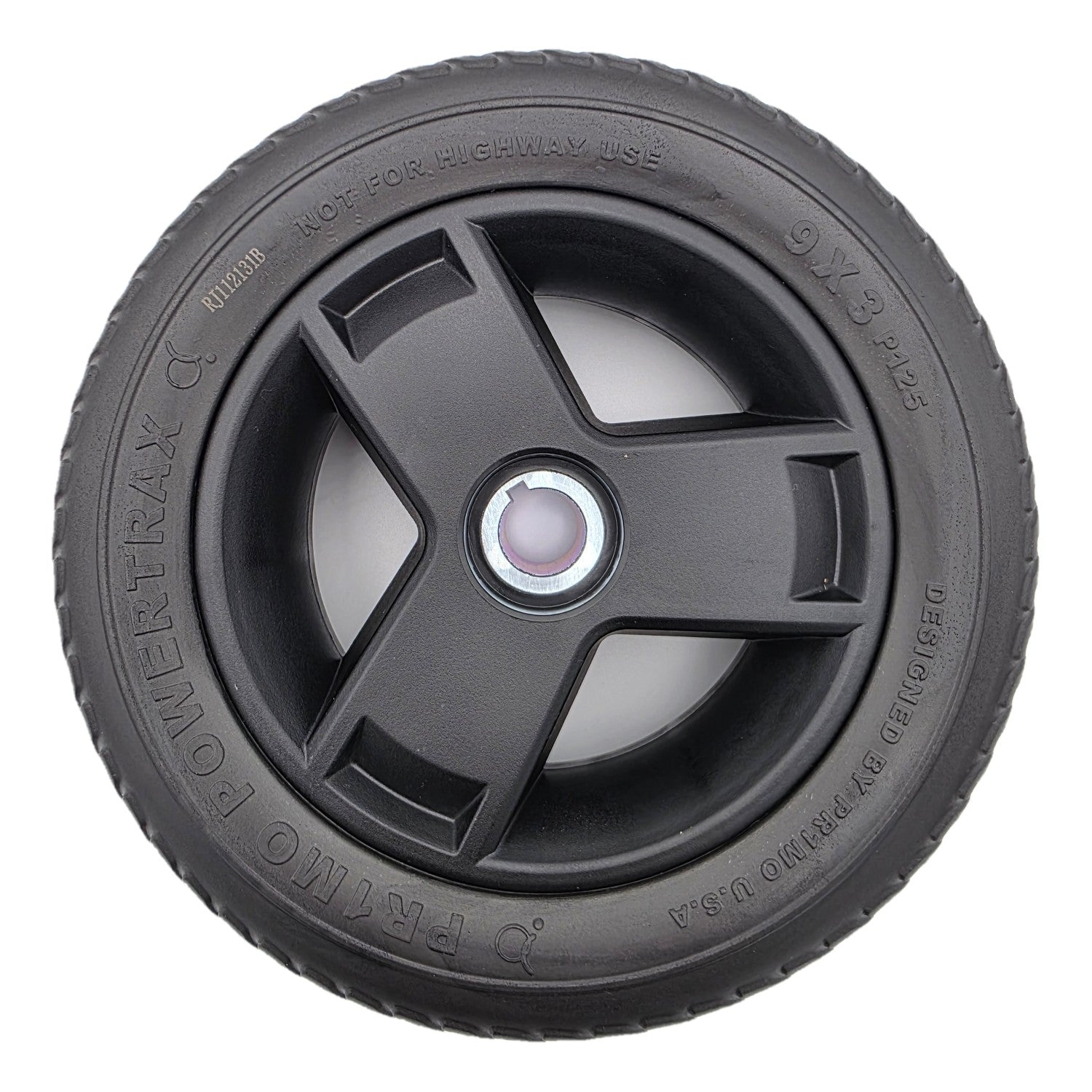 Top view of the 9x3 Pr1mo Powertrax Drive Wheel for Pride Go Chair Med Power Chair features an assembled black tire and 3 spoke rim for easy install.