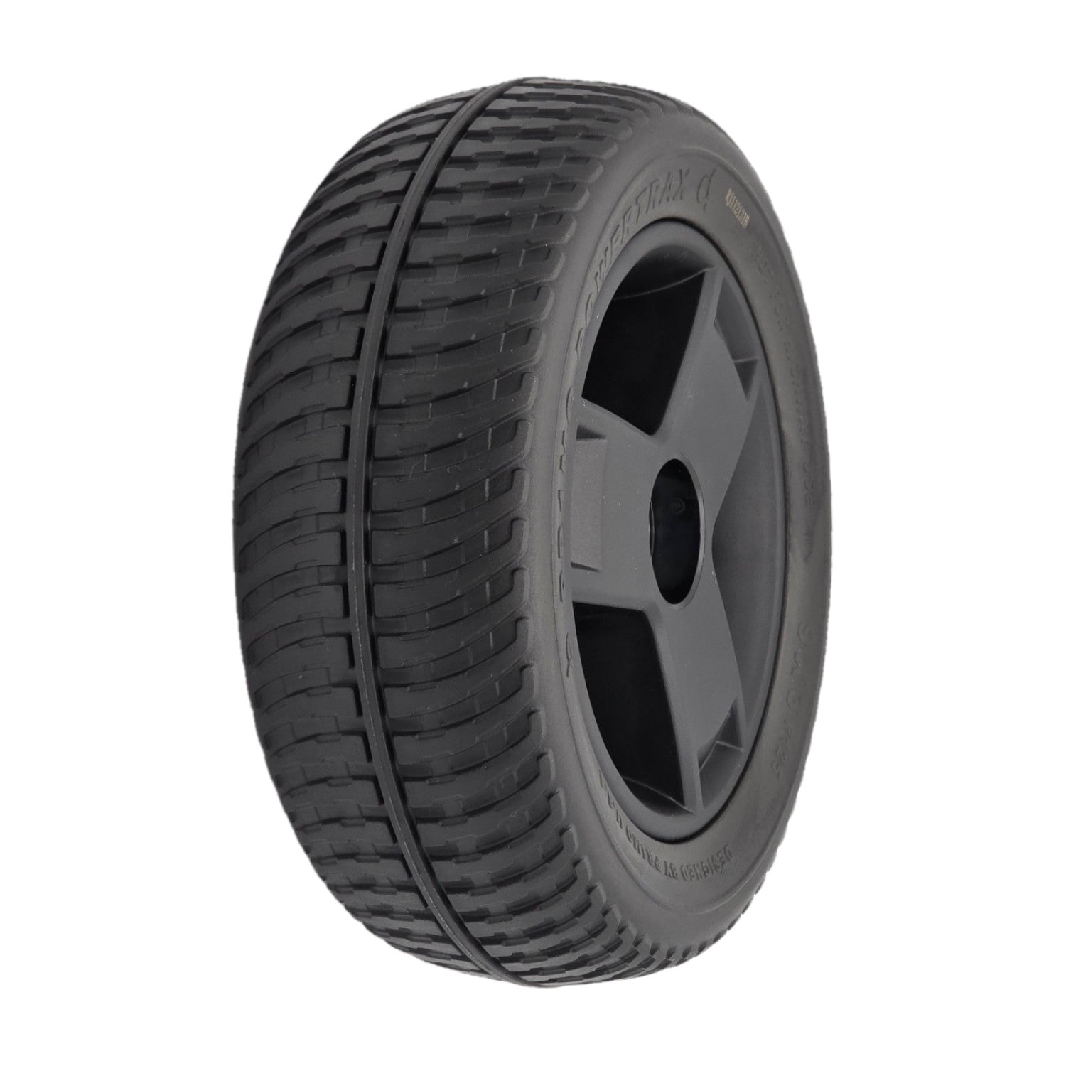 The 9x3 Pr1mo Powertrax Drive Wheel for Pride Go Chair Med Power Chair features an assembled black tire and 3 spoke rim for easy install.