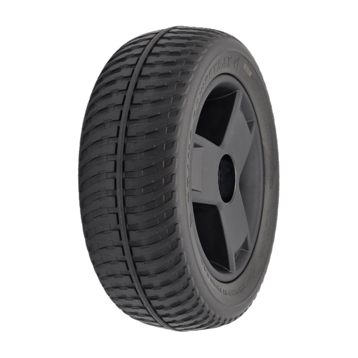 The 9x3 Pr1mo Powertrax Drive Wheel for Pride Go Chair Med Power Chair features an assembled black tire and 3 spoke rim for easy install.