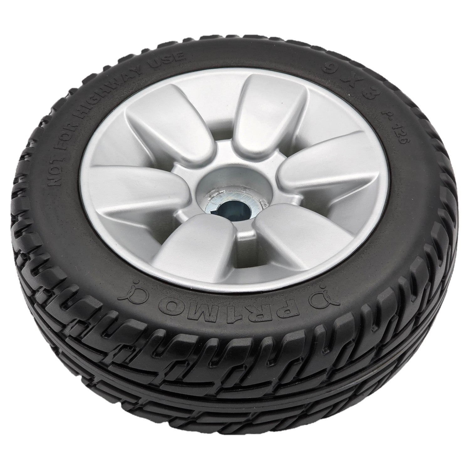 Angled front view of the replacement P-126 Pr1mo tread on a 9 x 3 in. Primo Drive Wheel For The Pride Jazzy Select Elite and Jazzy Sport