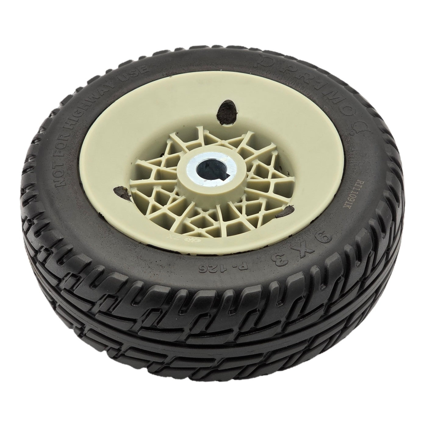 Back side view showing P-126 Pr1mo tread on a 9 x 3 in. Primo Drive Wheel For The Pride Jazzy Select Elite and Jazzy Sport