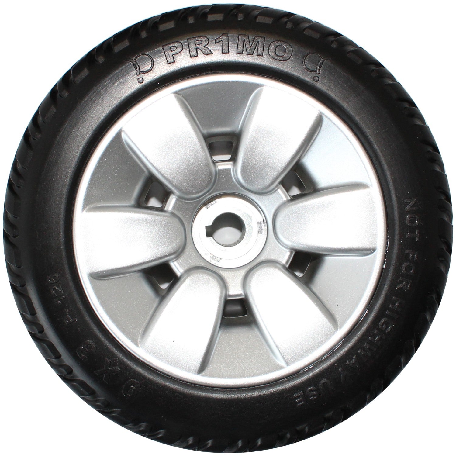 Close up view showing 9 x 3 in. Primo Drive Wheel For The Pride Jazzy Select Elite and Jazzy Sport number P-126 Pr1mo