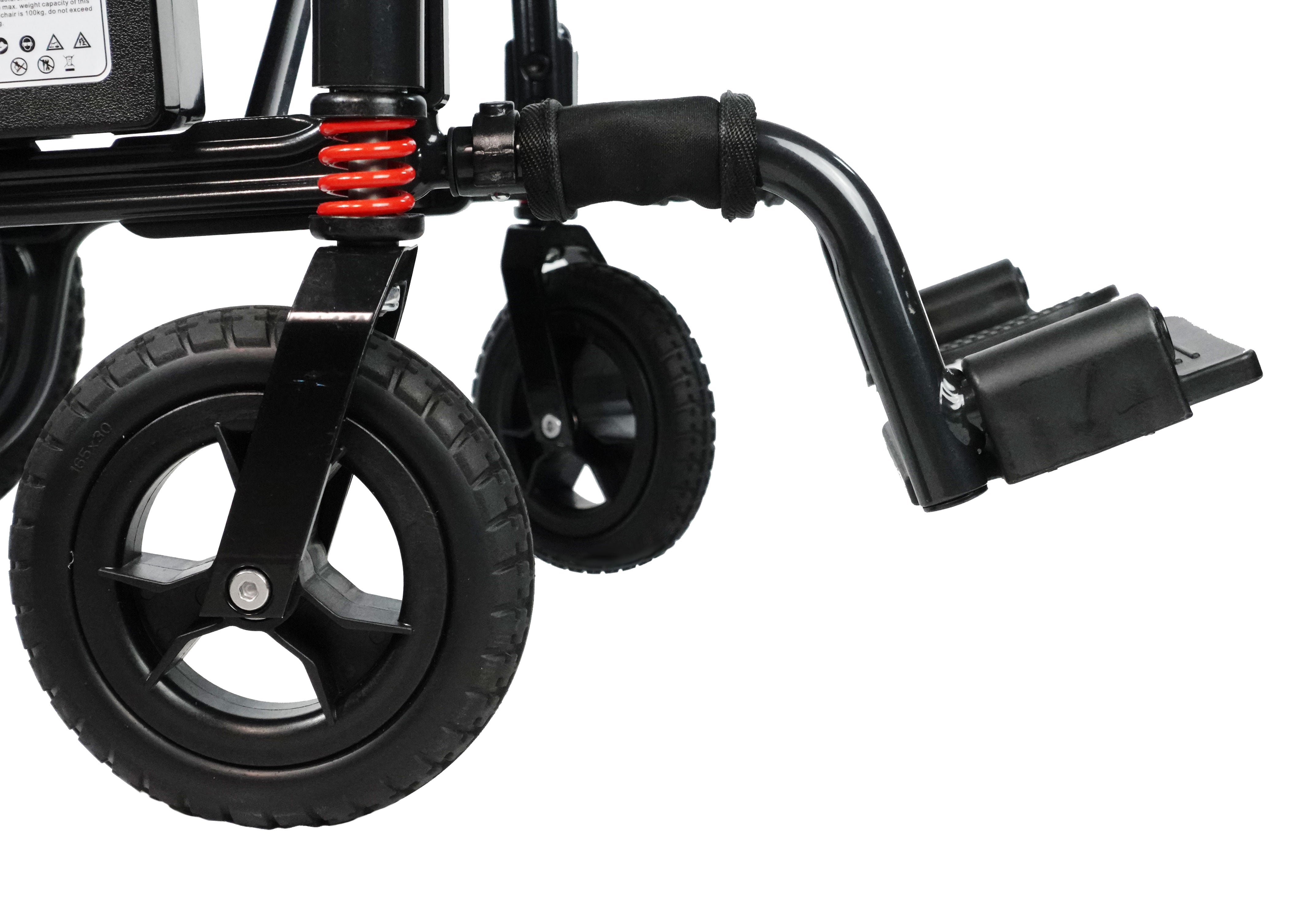 Experience unmatched freedom with the Air 2026 Lightweight Folding Power Chair by Journey Health. Redesigned with larger wheels, powerful brushless motors, and foldable for easier transport. Showing front caster wheels