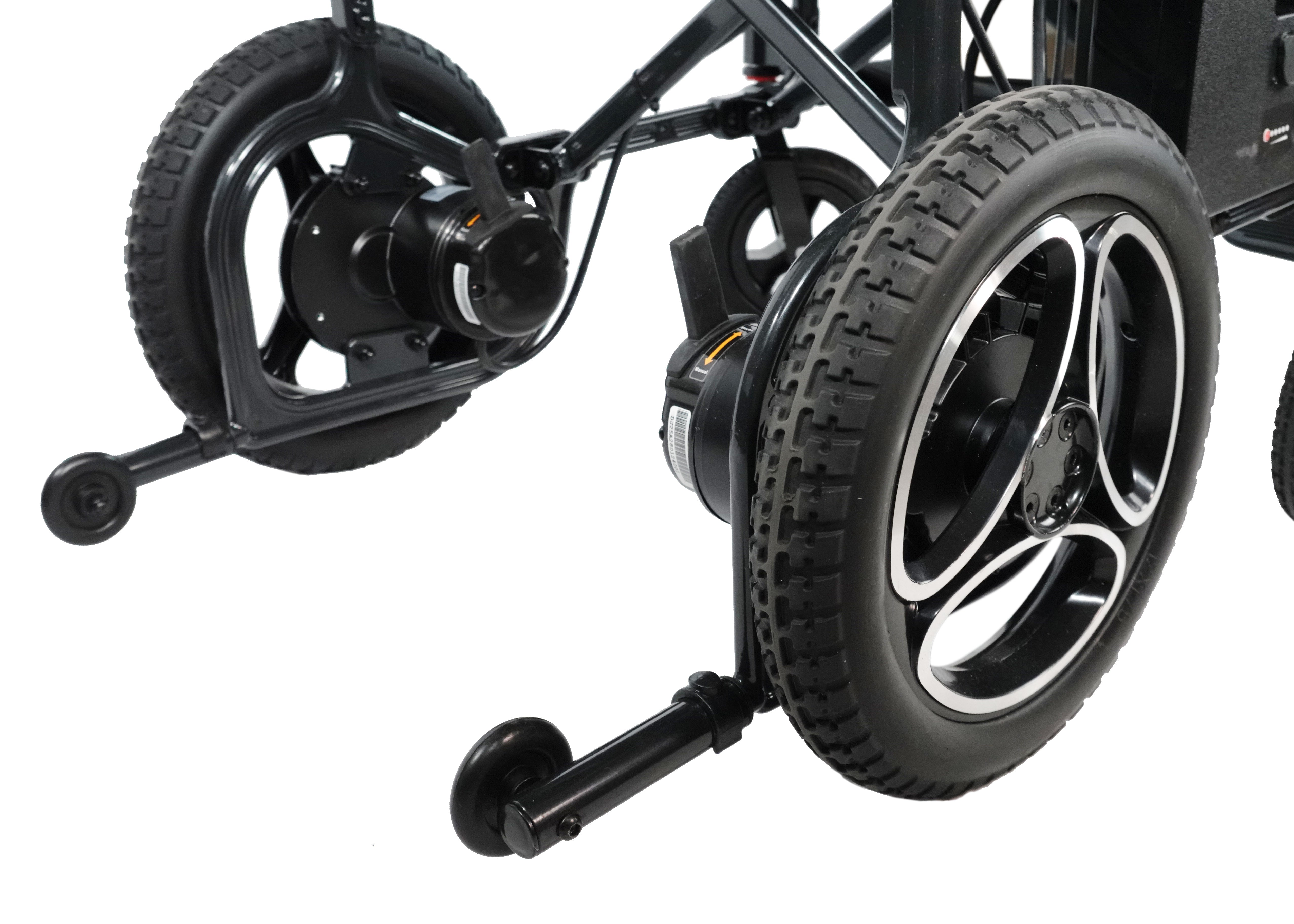 Experience unmatched freedom with the Air 2026 Lightweight Folding Power Chair by Journey Health. Redesigned with larger wheels, powerful brushless motors, and foldable for easier transport. Showing Rear wheels