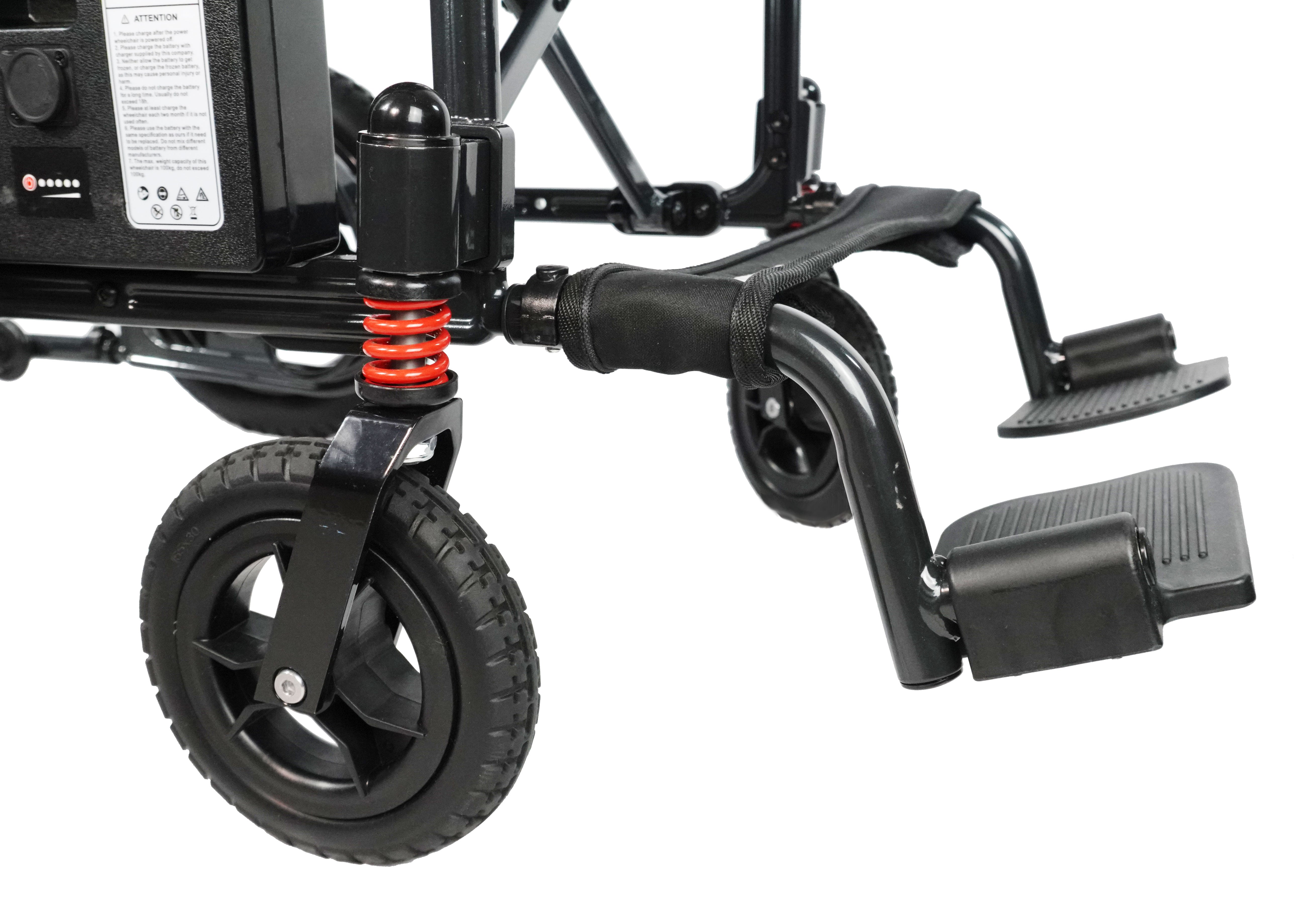 Experience unmatched freedom with the Air 2026 Lightweight Folding Power Chair by Journey Health. Redesigned with larger wheels, powerful brushless motors, and foldable for easier transport. Showing footrests