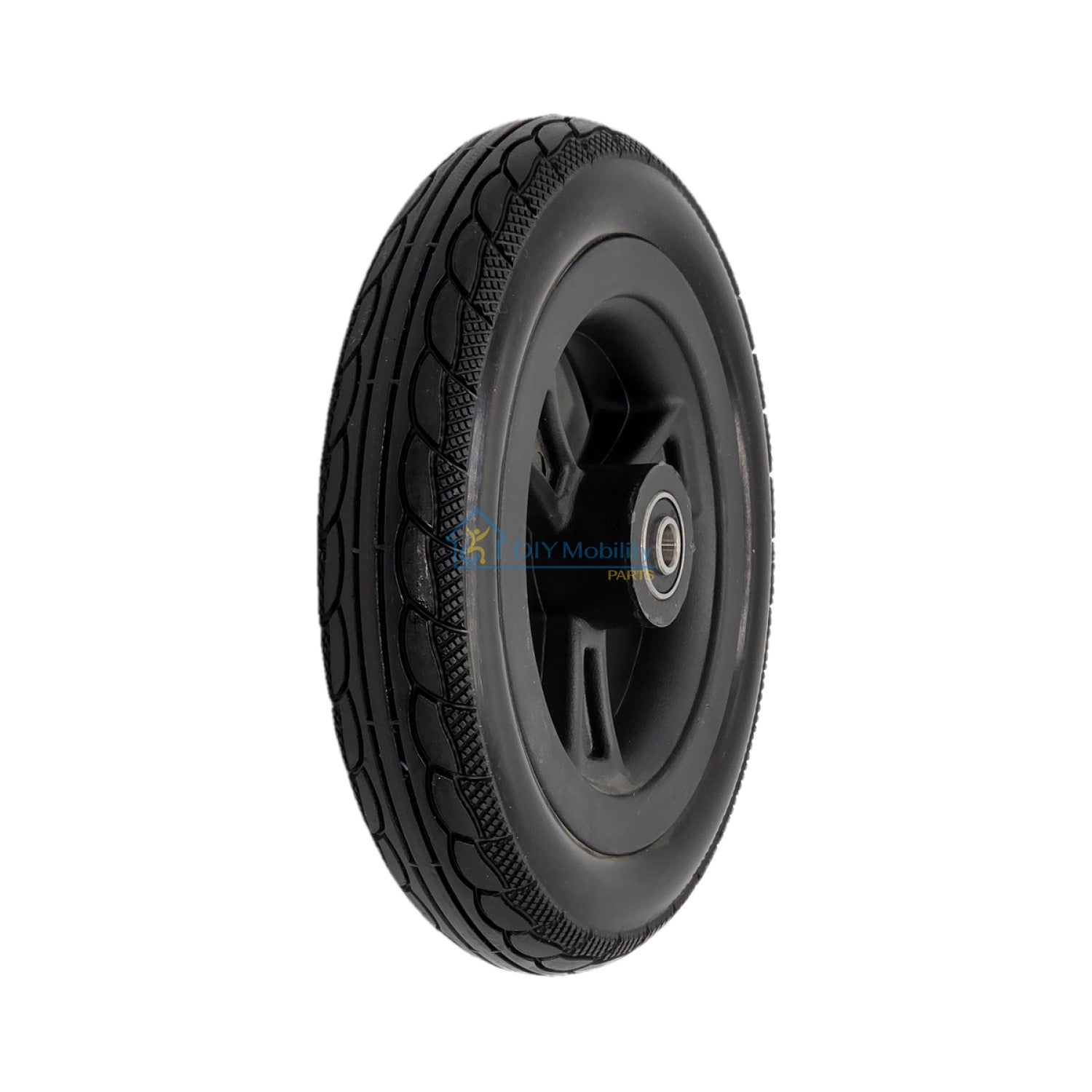 Replacement black front caster wheel for the Vive Airframe Power Wheelchair. 