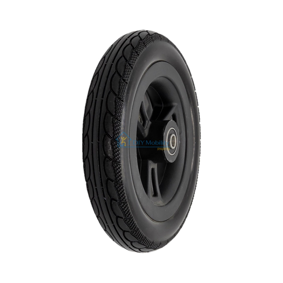 Replacement black front caster wheel for the Vive Airframe Power Wheelchair. 
