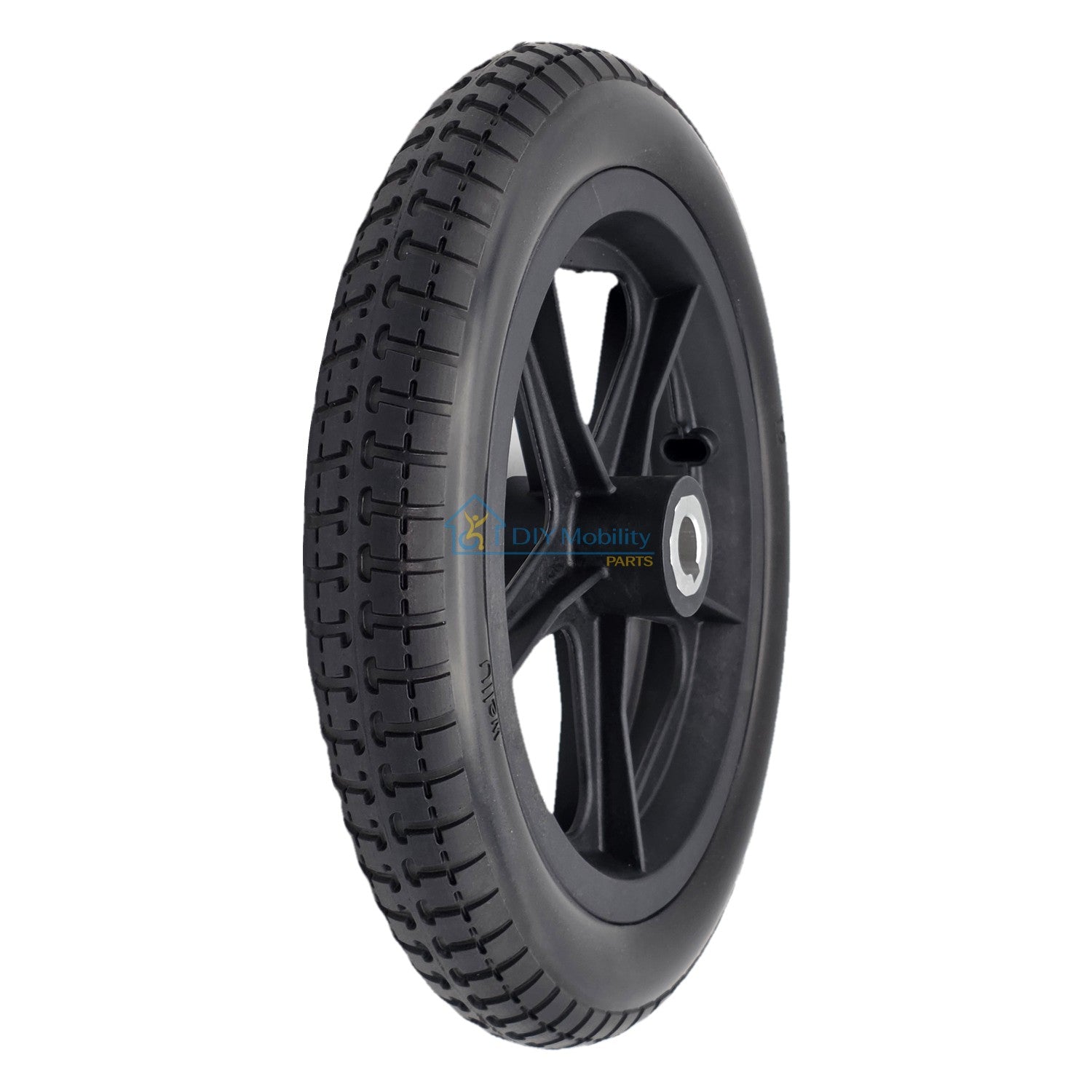 Replacement black rear drive wheel for the Vive Airframe Power Wheelchair. 