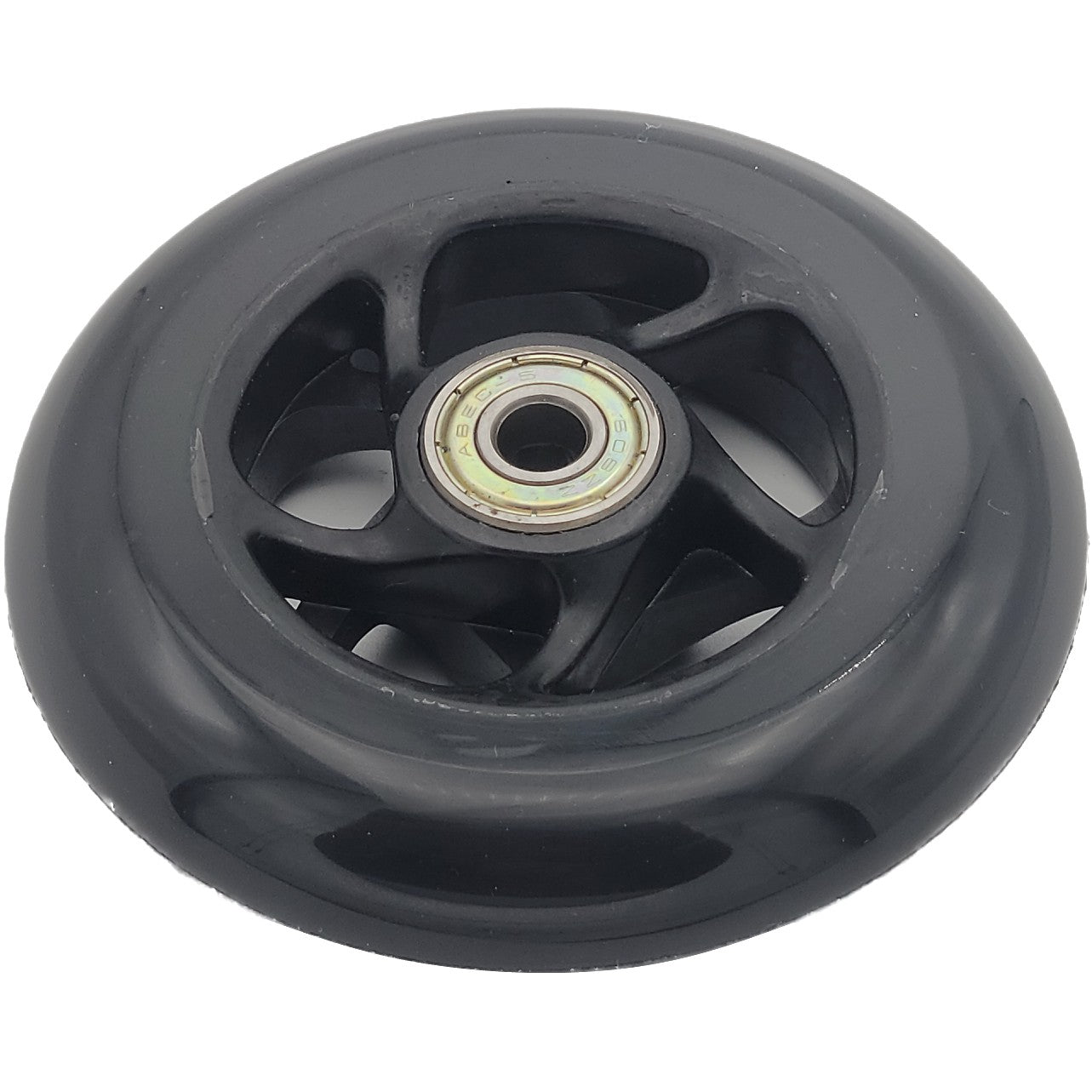Angled view of the Anti Tip Front Caster Wheel for Merits AVID Axcel Power Wheelchair showing stylish black spoked rim with 608ZZ bearing