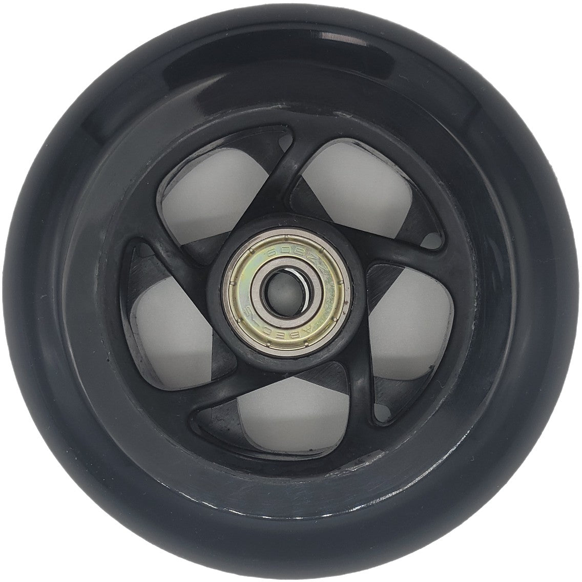 Top view of the Anti Tip Front Caster Wheel for Merits AVID Axcel Power Wheelchair P335 model showing stylish black spoked rim