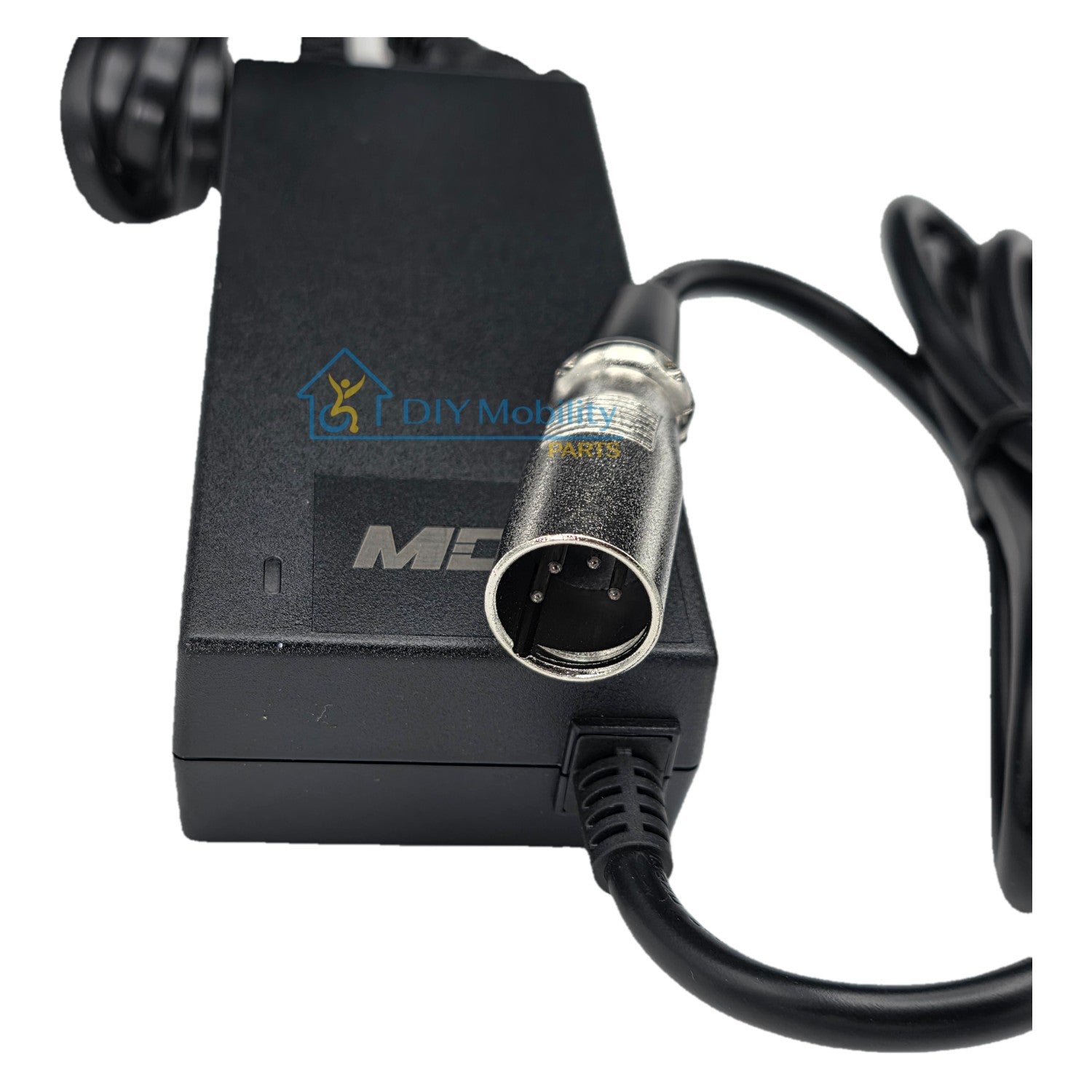 Close up view The replacement Battery Charger for Journey Zoomer Power Chairs features a portable small design for charging anywhere. XLR Connector