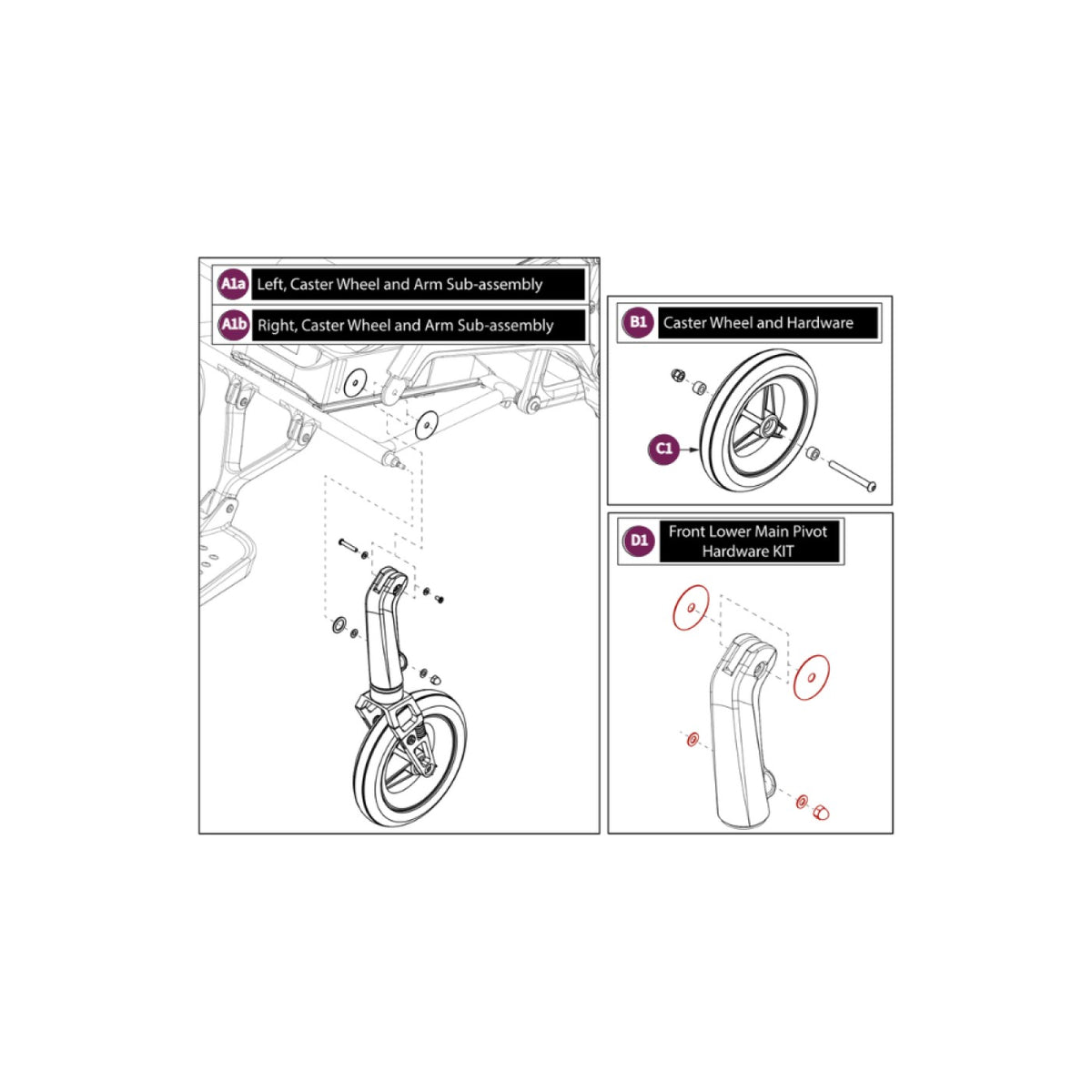 MEC2304484 - Front Caster Wheel And Arm Sub-Assembly, Right for Pride Mobility Jazzy Ultra Light Power Chair