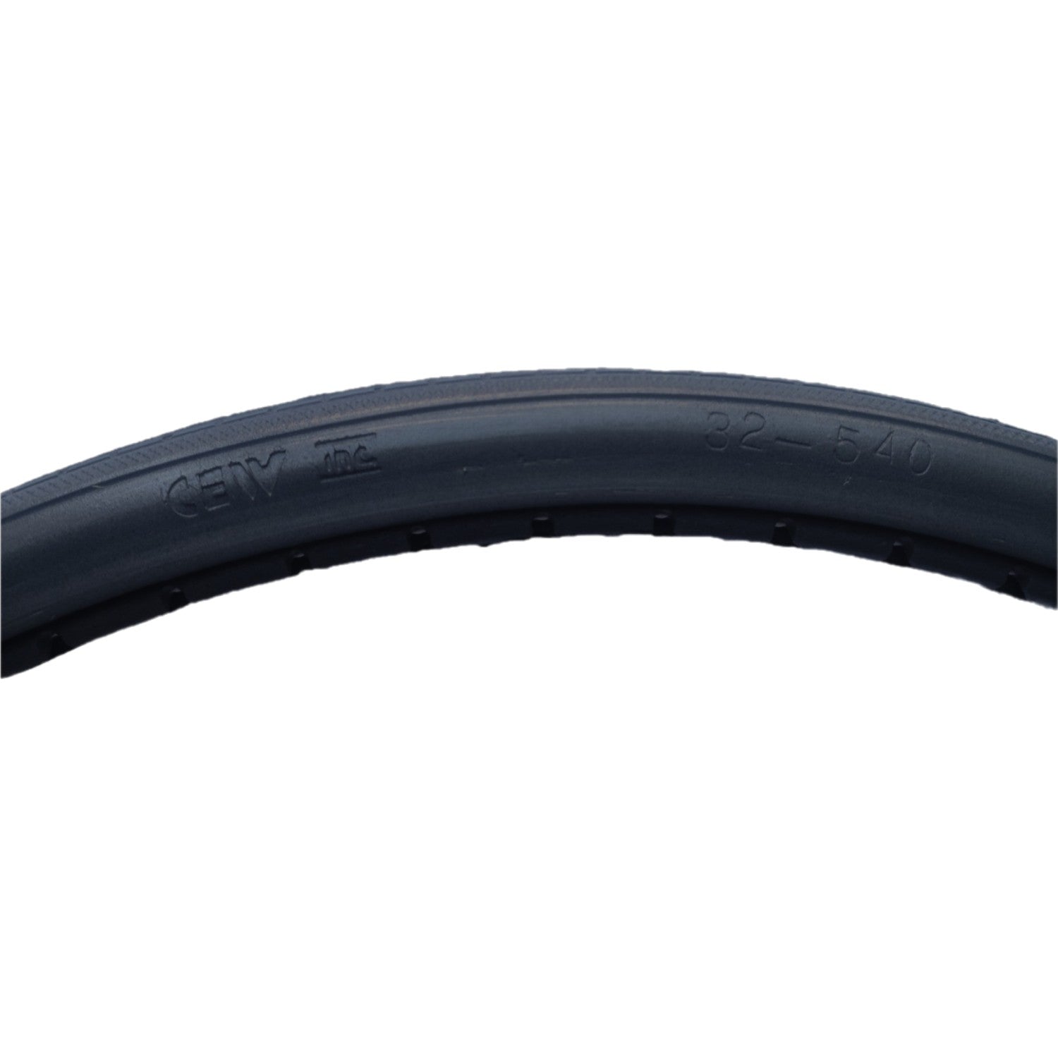 Angled view of the 24 x 1 1/4 in. (32-540) Aero-Flex Urethane Wheelchair Round Tire showing CEW 32-540 markings