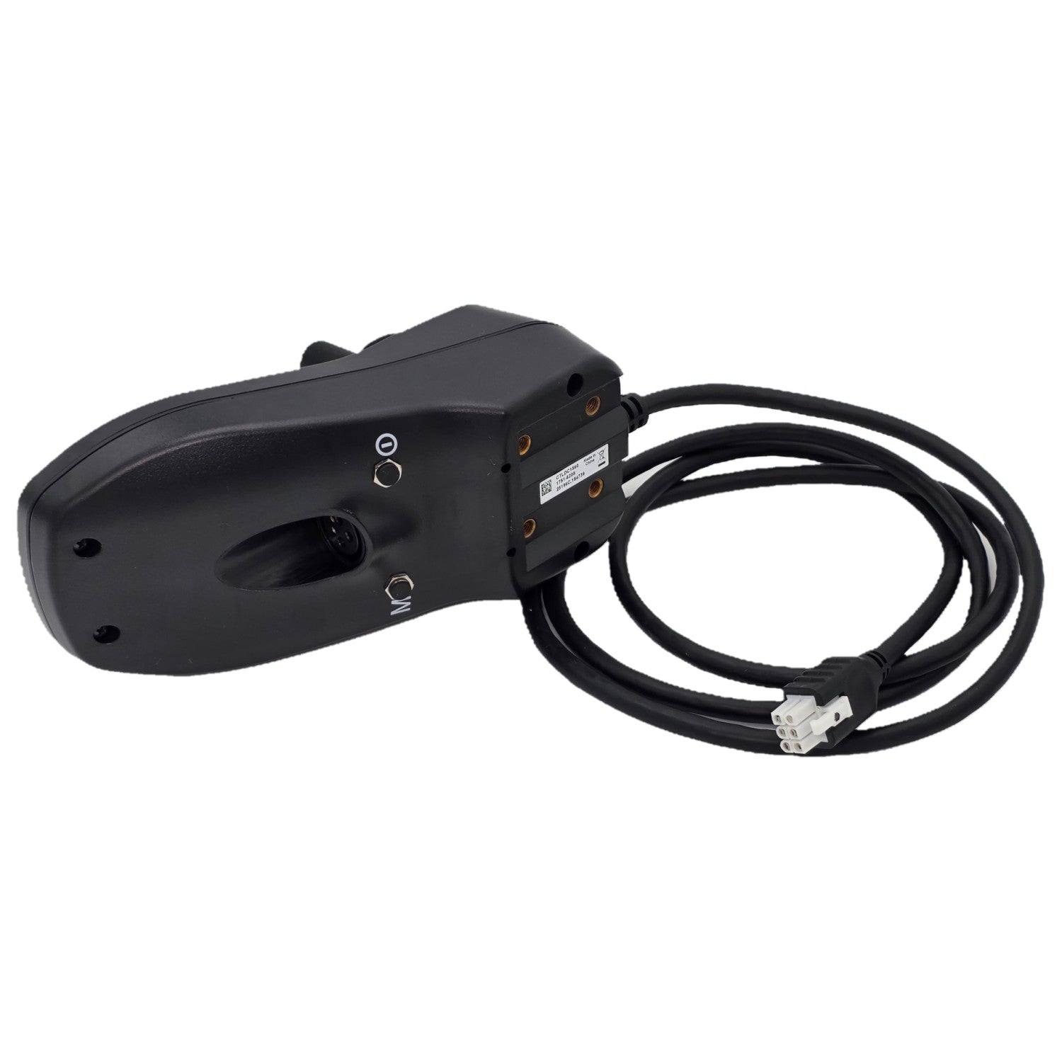 Bottom view of the 6 Key Q-Logic NE+ Joystick For Pride Quantum Power Wheelchairs showing charger port and Pride Part Number CTLDC1560