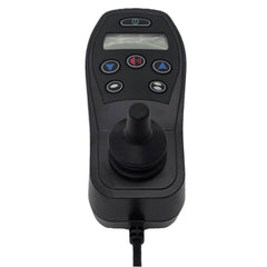 Front view of the 6 Key Q-Logic NE+ Joystick For Pride Quantum Power Wheelchairs showing easy-to-read data display, soft-touch buttons and charger port. Pride Part Number CTLDC1560