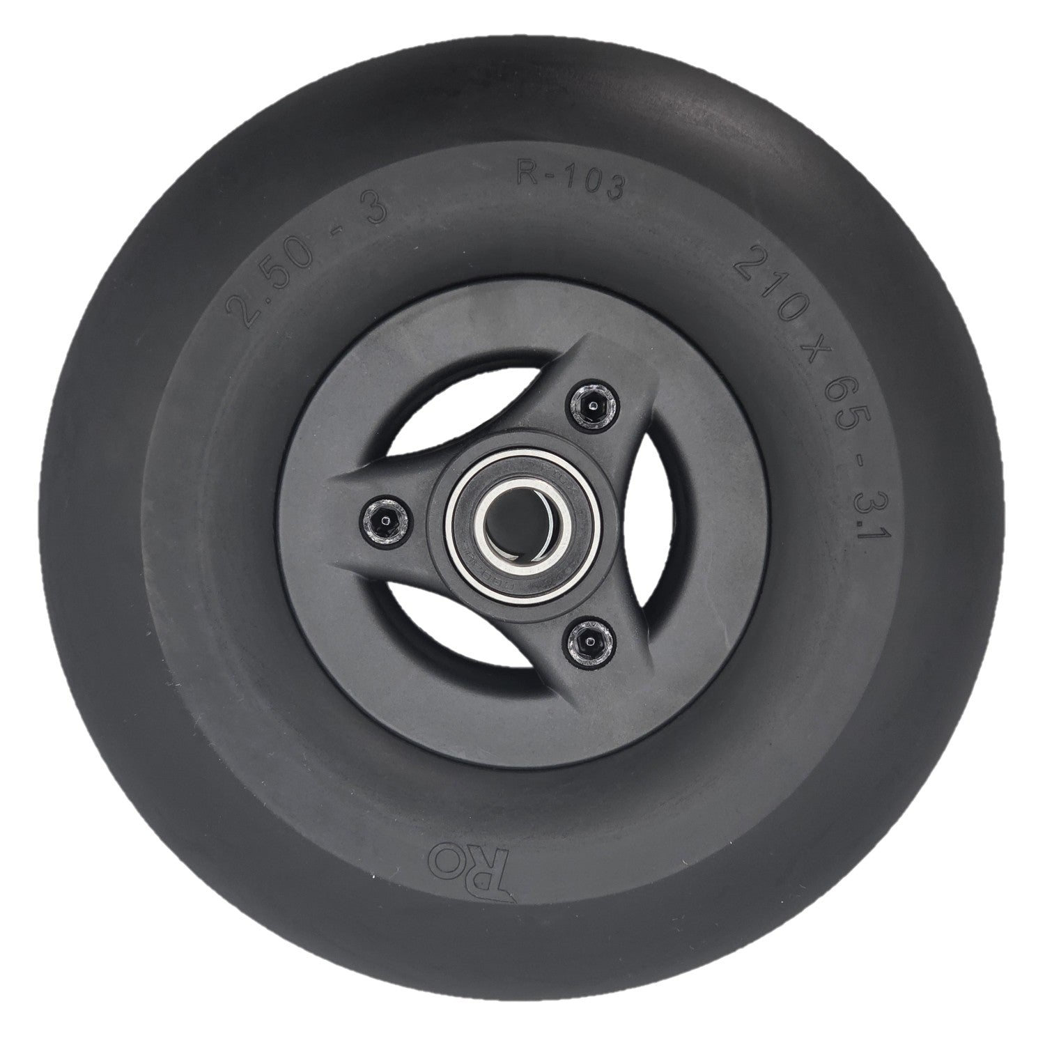 Front view of the replacement 2.50-3 (210-65) black Caster Wheel for Permobil F3, F5, and M5 Power Wheelchairs