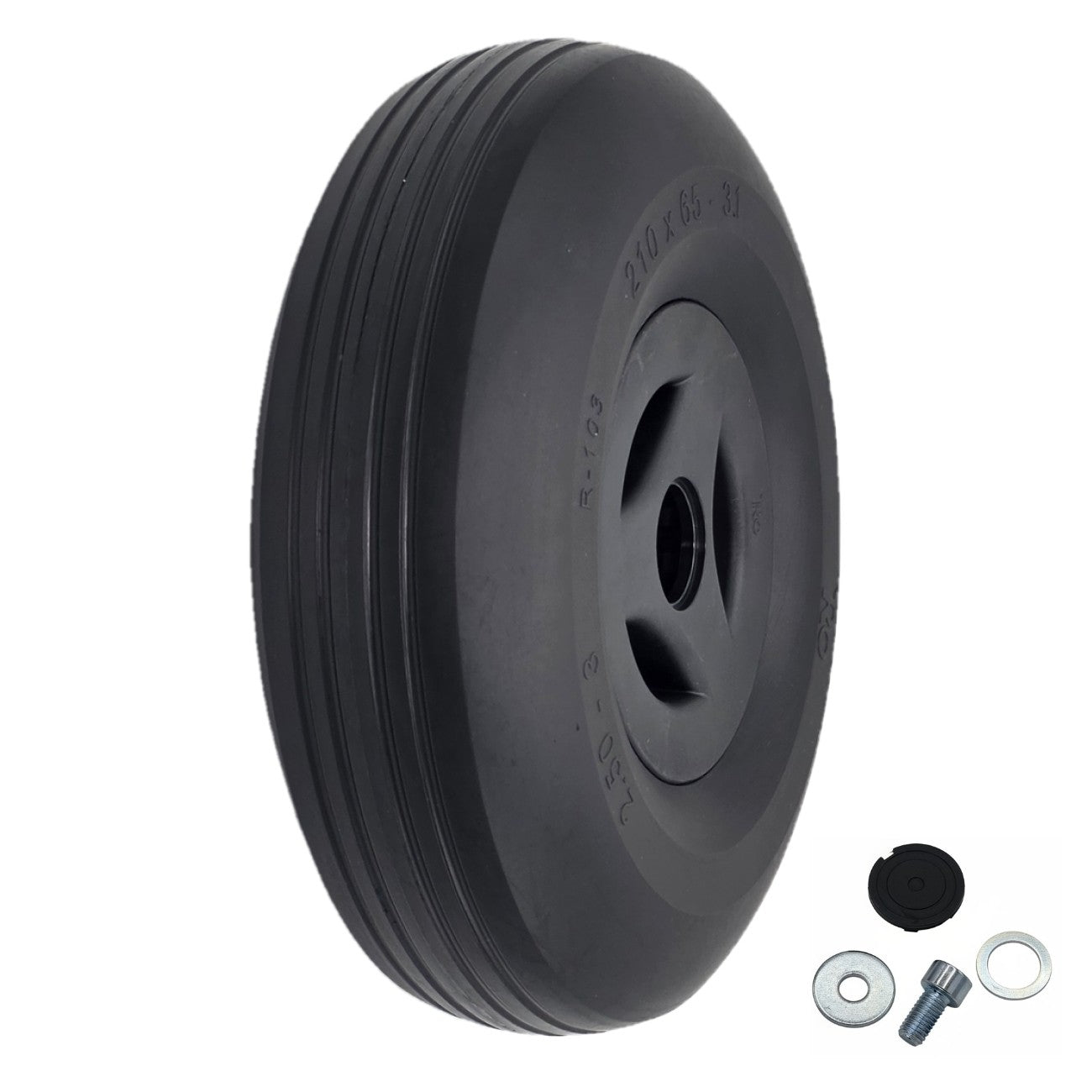 Replacement 2.50-3 (210-65) black Caster Wheel for Permobil F3, F5, and M5 Power Wheelchairs showing bolt
