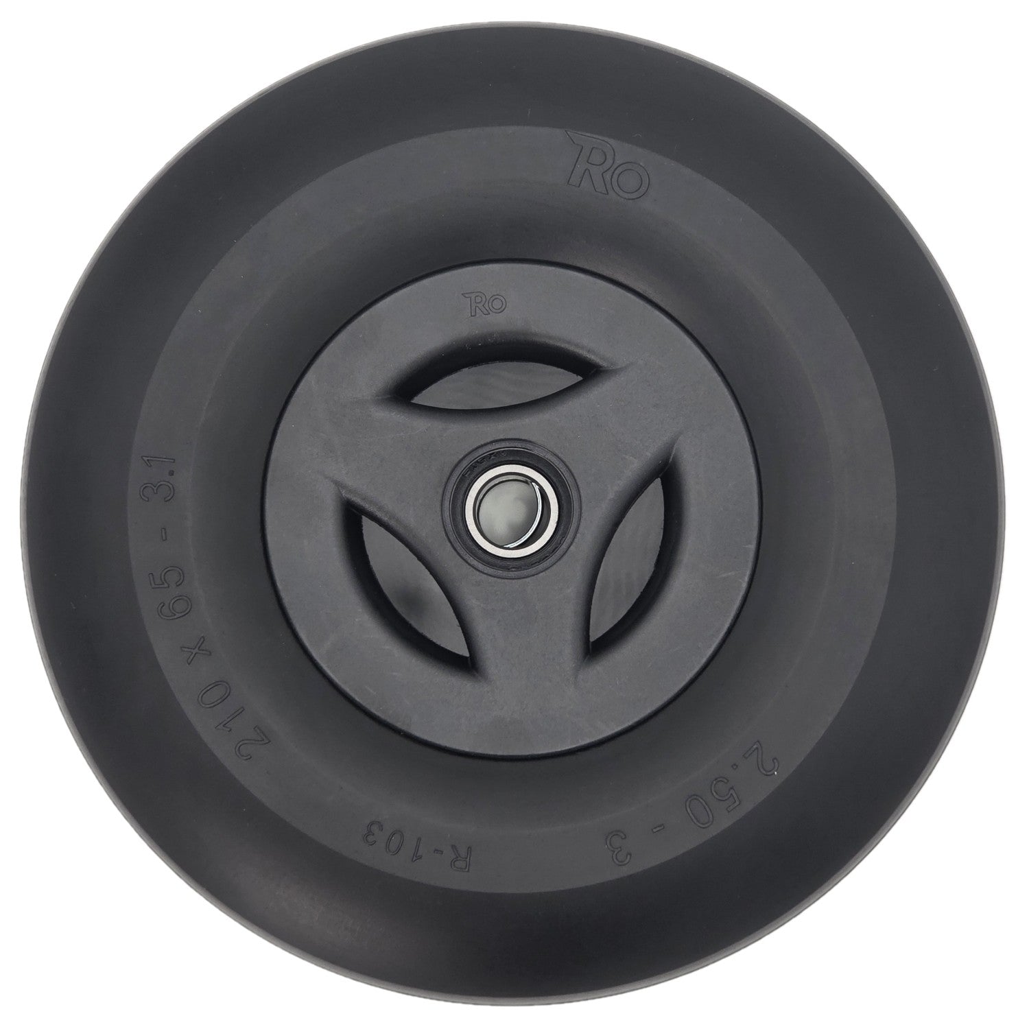 Front view of the replacement 2.50-3 (210-65) black Caster Wheel for Permobil F3, F5, and M5 Power Wheelchairs