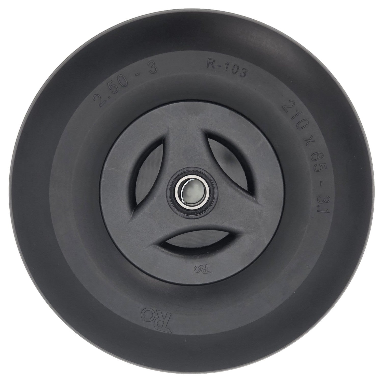 Front view of the replacement 2.50-3 (210-65) black Caster Wheel for Permobil F3, Permobil F5, and Permobil M5 Power Wheelchairs