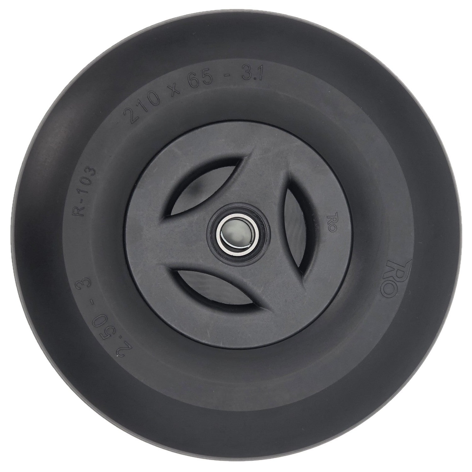 Front view of the replacement 2.50-3 (210-65) black Caster Wheel for Permobil F3, Permobil F5, and Permobil M5 Power Wheelchairs