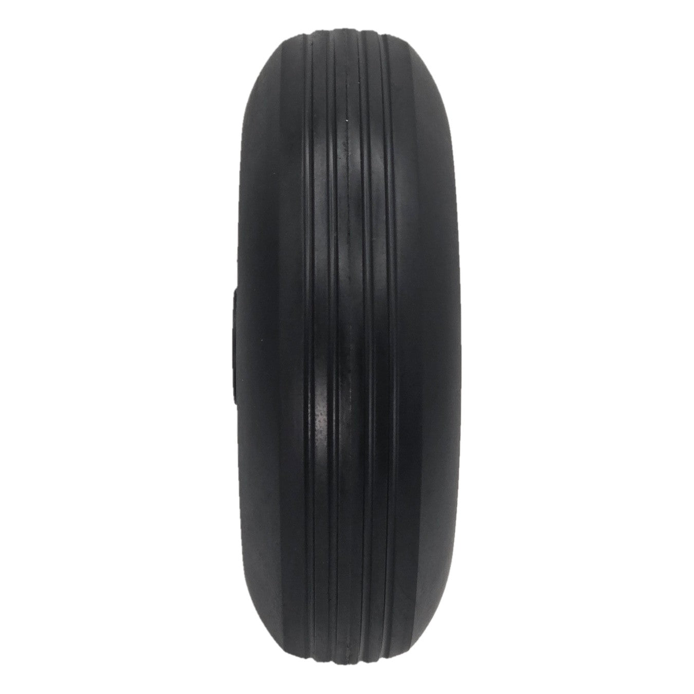 Close up view of the replacement 2.50-3 (210-65) black Caster Wheel for Permobil F3, F5, and M5 Power Wheelchairs showing rib tread