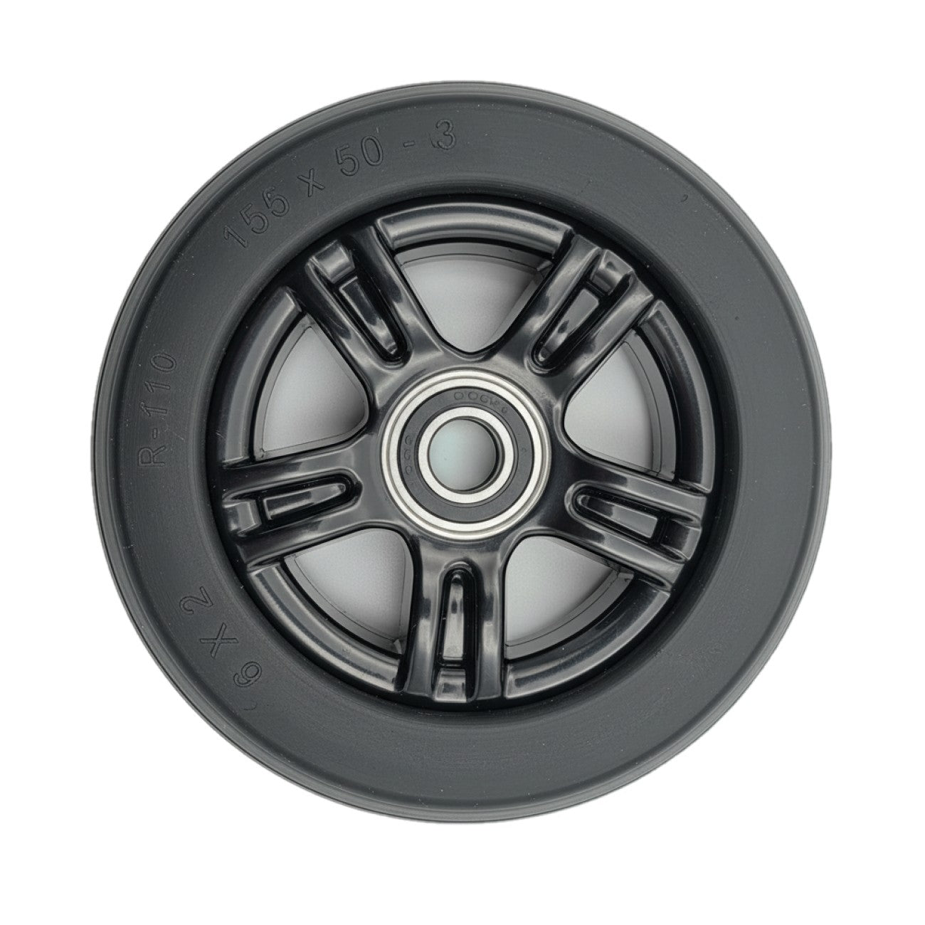 Side view of the The replacement 6 in. Caster Wheel for ROVI X3 and ROVI A3 Power Wheelchairs with black tire