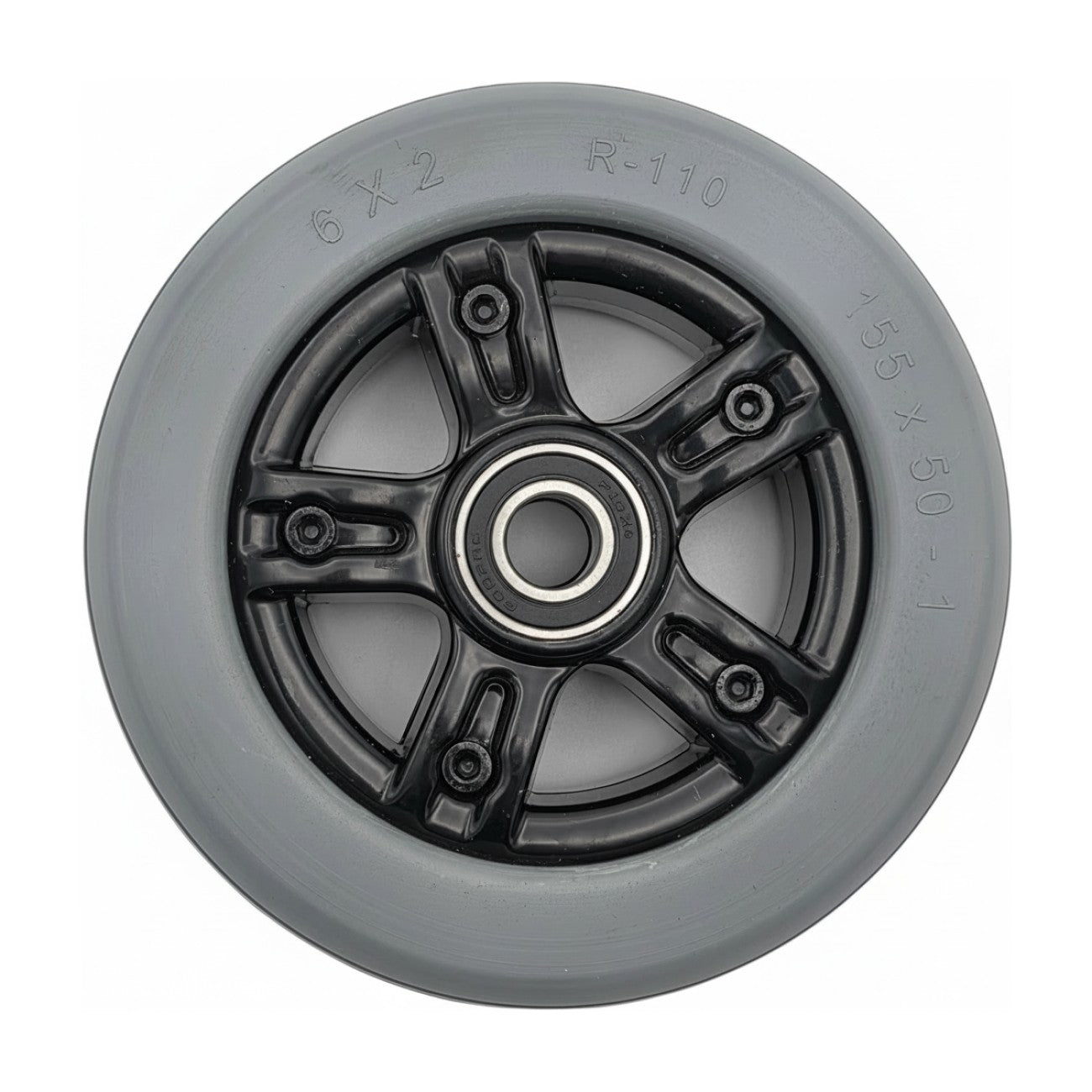 Side view of the The replacement 6 in. Caster Wheel for ROVI X3 and ROVI A3 Power Wheelchairs with graytire