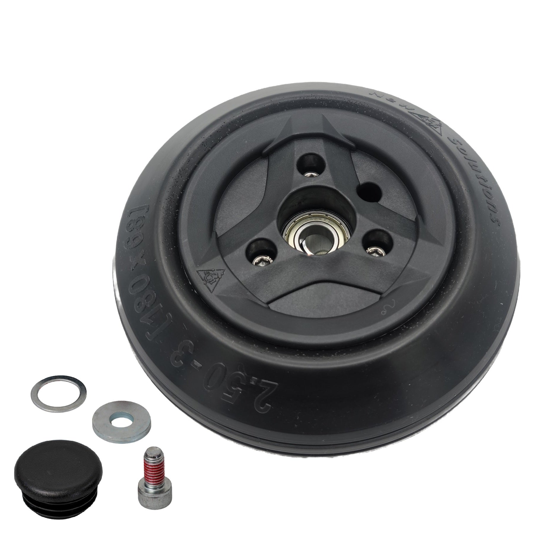 2.50-3 (180 x 68) Caster Wheel for Permobil M1 M3 Wheelchair - Angled view shown with hardware