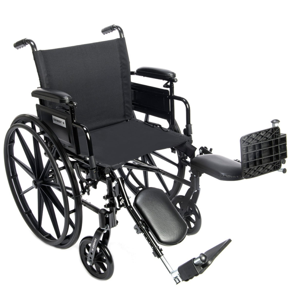 Chariot IV ultra lightweight aluminum Wheelchair with premium nylon seat, 300 lb capacity shown with elevating legrests