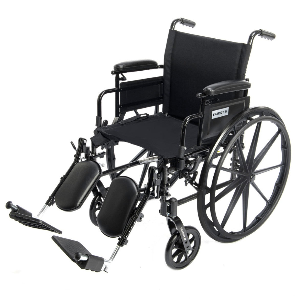 Chariot IV ultra lightweight aluminum Wheelchair with premium nylon seat, 300 lb capacity shown in black with elevating legrests
