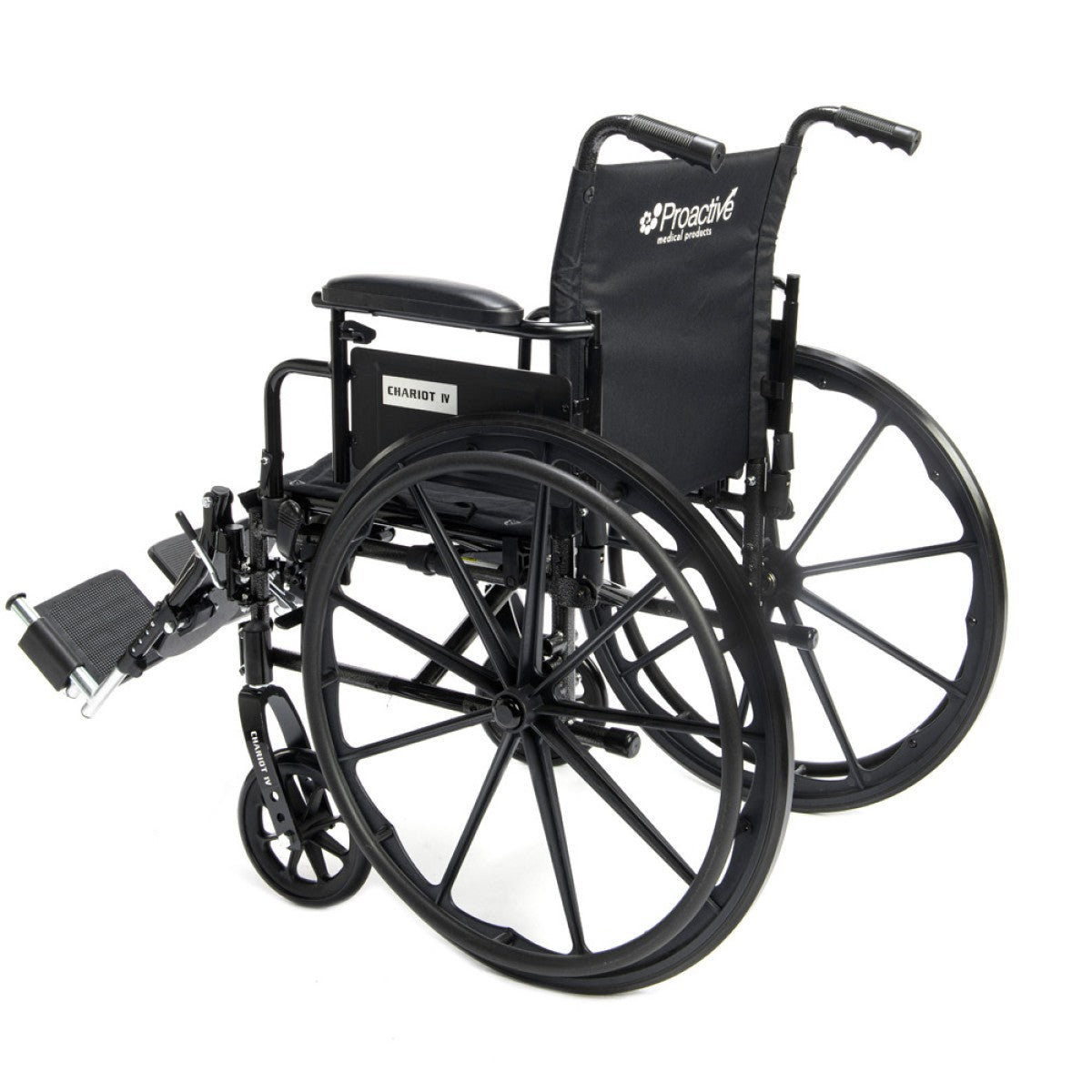 Side view of the Chariot IV ultra lightweight aluminum Wheelchair with premium nylon seat, 300 lb capacity shown with elevating legrests