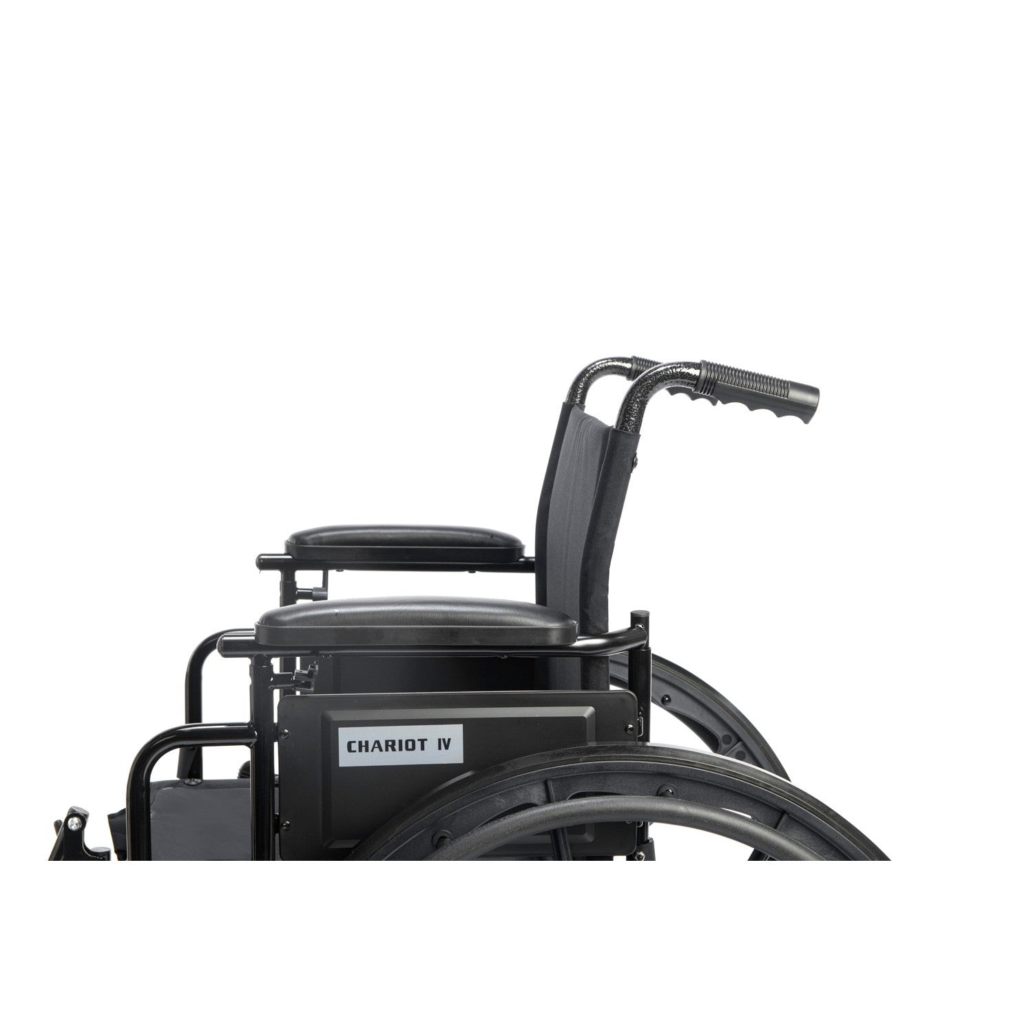 Side view of the Chariot IV ultra lightweight aluminum Wheelchair with premium nylon seat, 300 lb capacity showing desk length armrest pads