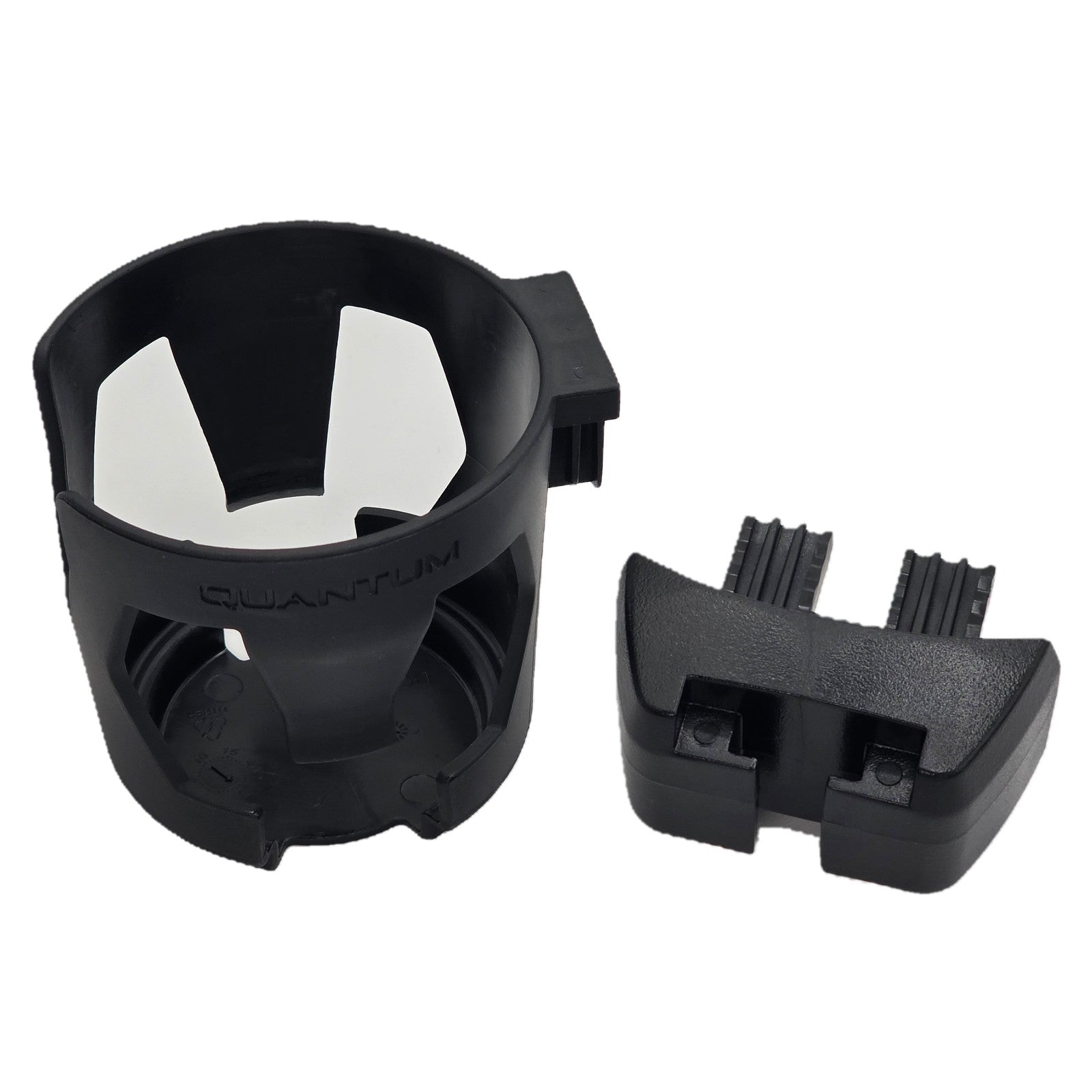 Front view of the Cup Holder for Quantum Power Chairs with Tru-Balance 3 (TB3) Seating allows you to easily carry a beverage on many Quantum electric wheelchairs.