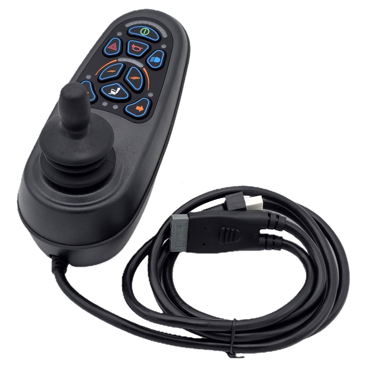 The 9 Key VR2 Joystick Controller for Power Wheelchairs (PG Drives D50871) with display, charger port, speed control, and horn. PG Drives D50871.01 replacement for Pride CTLDC1505.