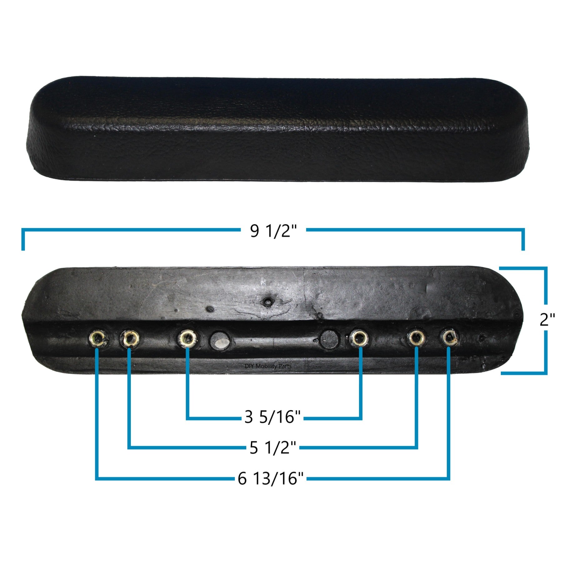 Bottom view of Desk Length Urethane Wheelchair Armrest Pad (10 inch) showing bolt hole locations