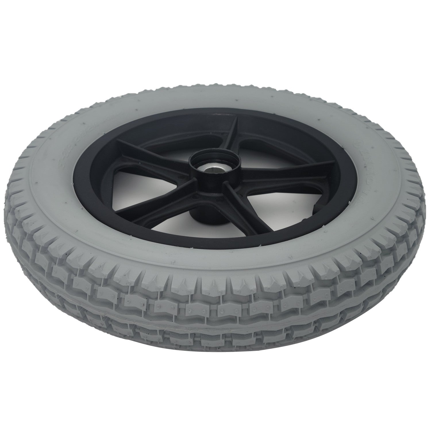 Angled view of the gray knobby Drive Wheel Assembly for Merits Travel Ease Folding Power Wheelchair showing 12-1/2 x 2-1/4 Innova tire (57-203)
