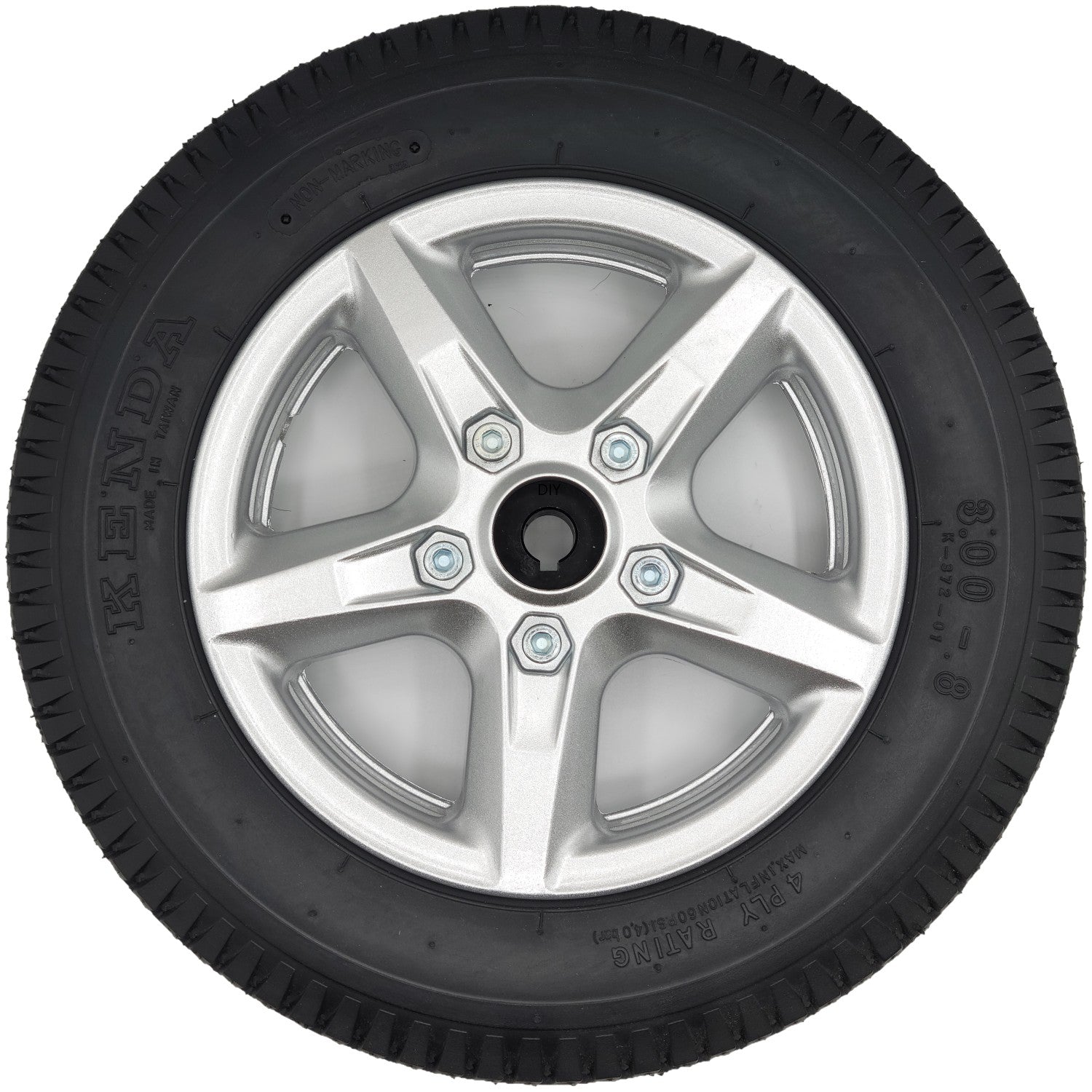 Front view of the Drive Wheel Assembly for Merits Vector HD Wheelchair with 3.00-8 Kenda tire