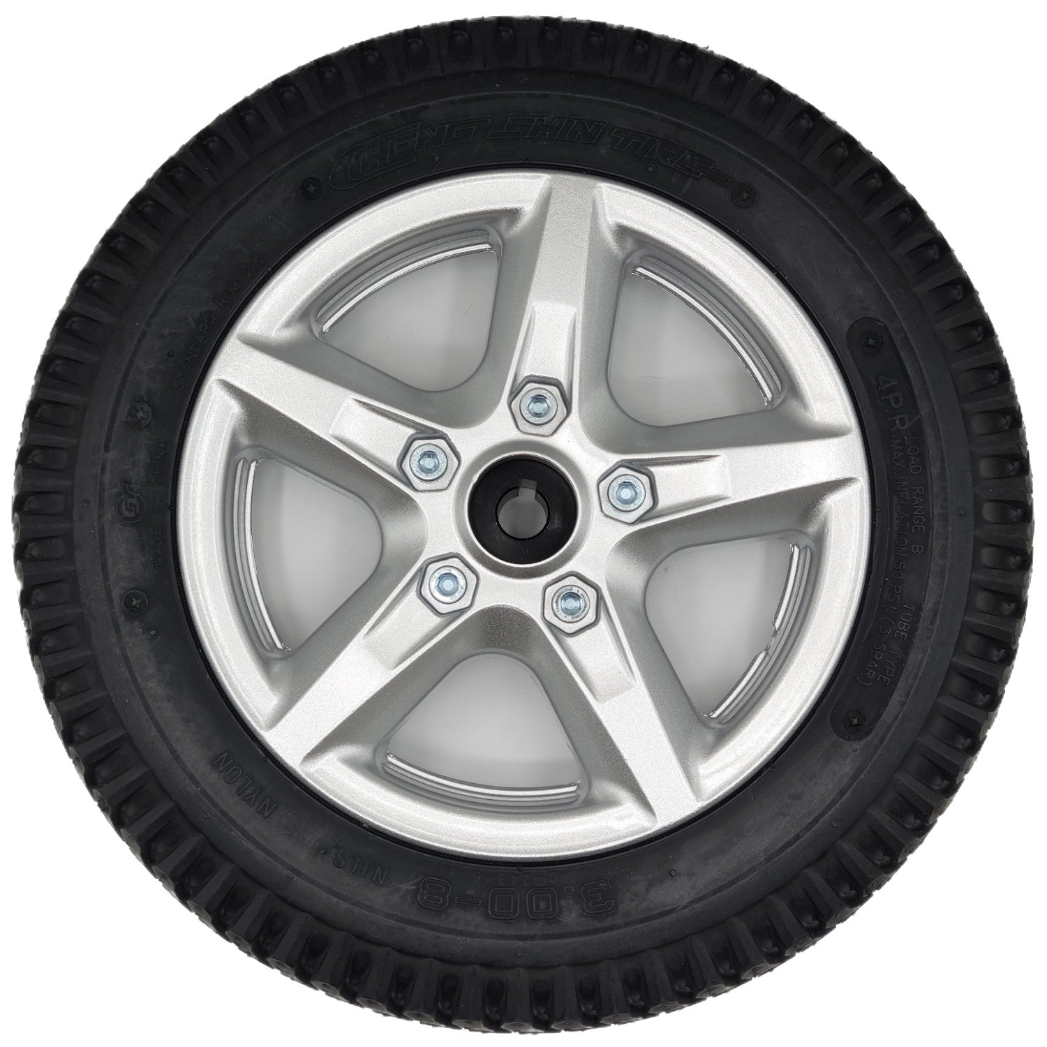 Front view of the Drive Wheel Assembly for Merits Velocity Wheelchair with silver rim and 3.00-8 black Cheng Shin tire