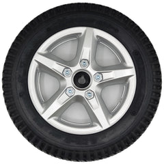 Front view of the Drive Wheel Assembly for Merits Velocity Wheelchair with silver rim and 3.00-8 black Cheng Shin tire