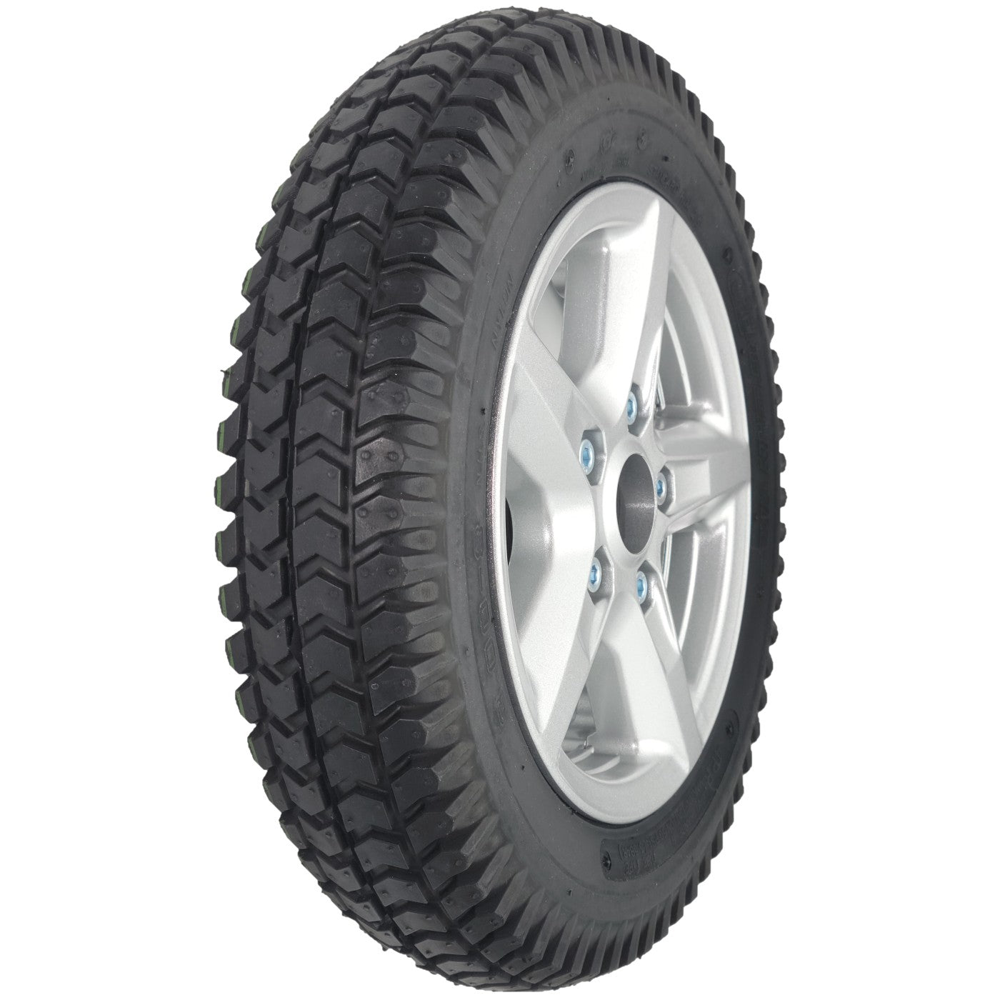 Angled view of the Drive Wheel Assembly for Merits Velocity Wheelchair with silver rim and 3.00-8 black Cheng Shin tire (P325, P325V) 