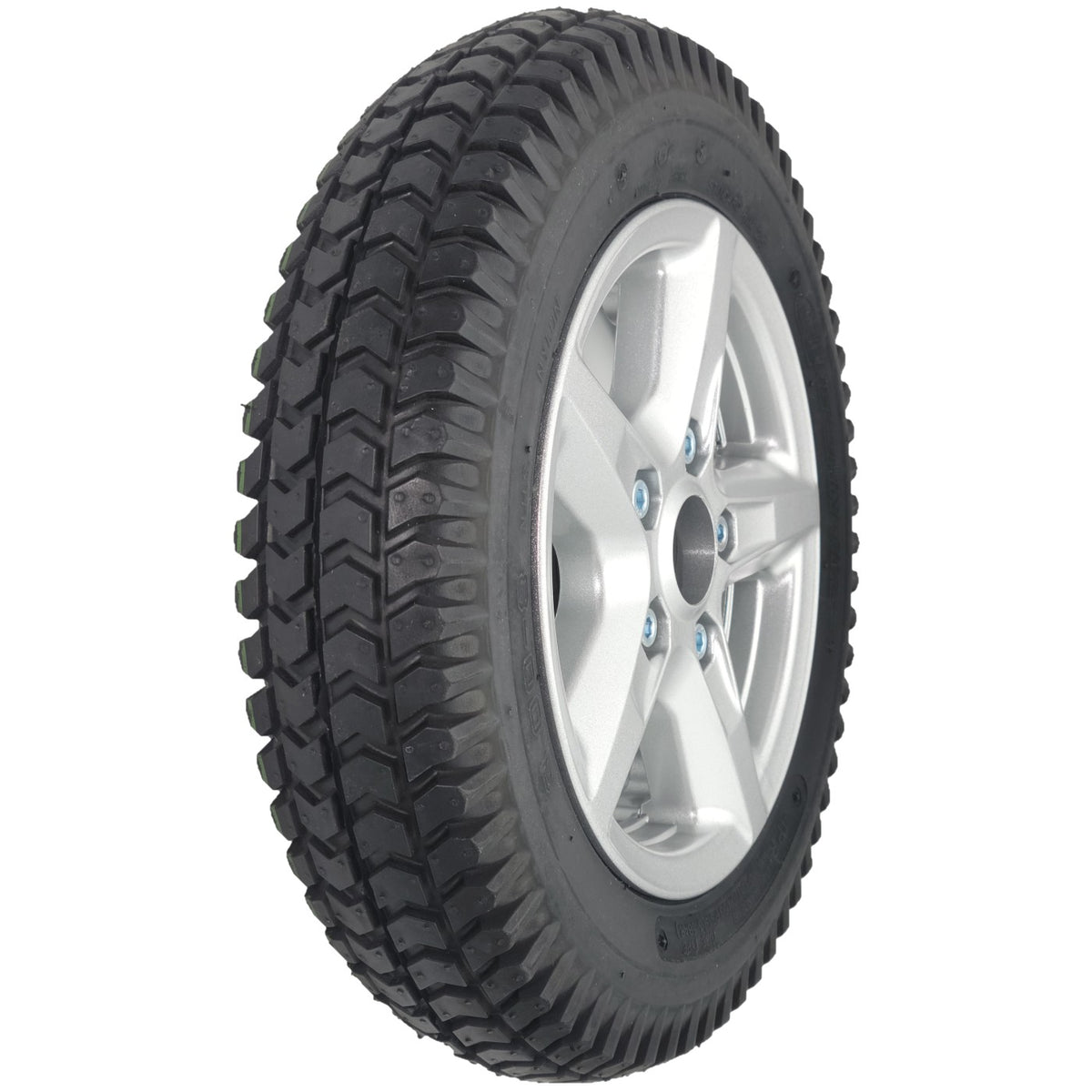 Angled view of the Drive Wheel Assembly for Merits Velocity Wheelchair with silver rim and 3.00-8 black Cheng Shin tire (P325, P325V) 