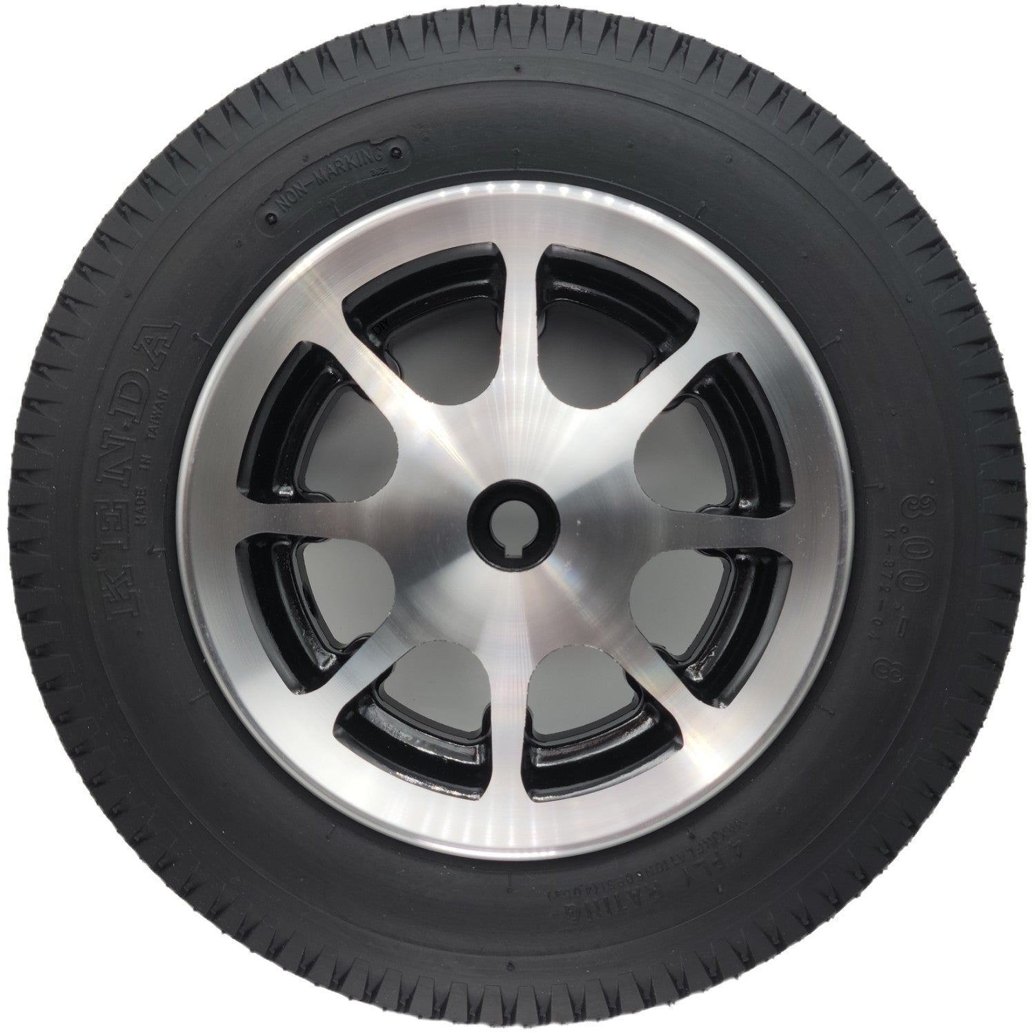 The 3.00-8 Drive Wheel Assembly for Merits Vision Ultra Wheelchair features a stylish silver rim with a 14" black flat free tire.