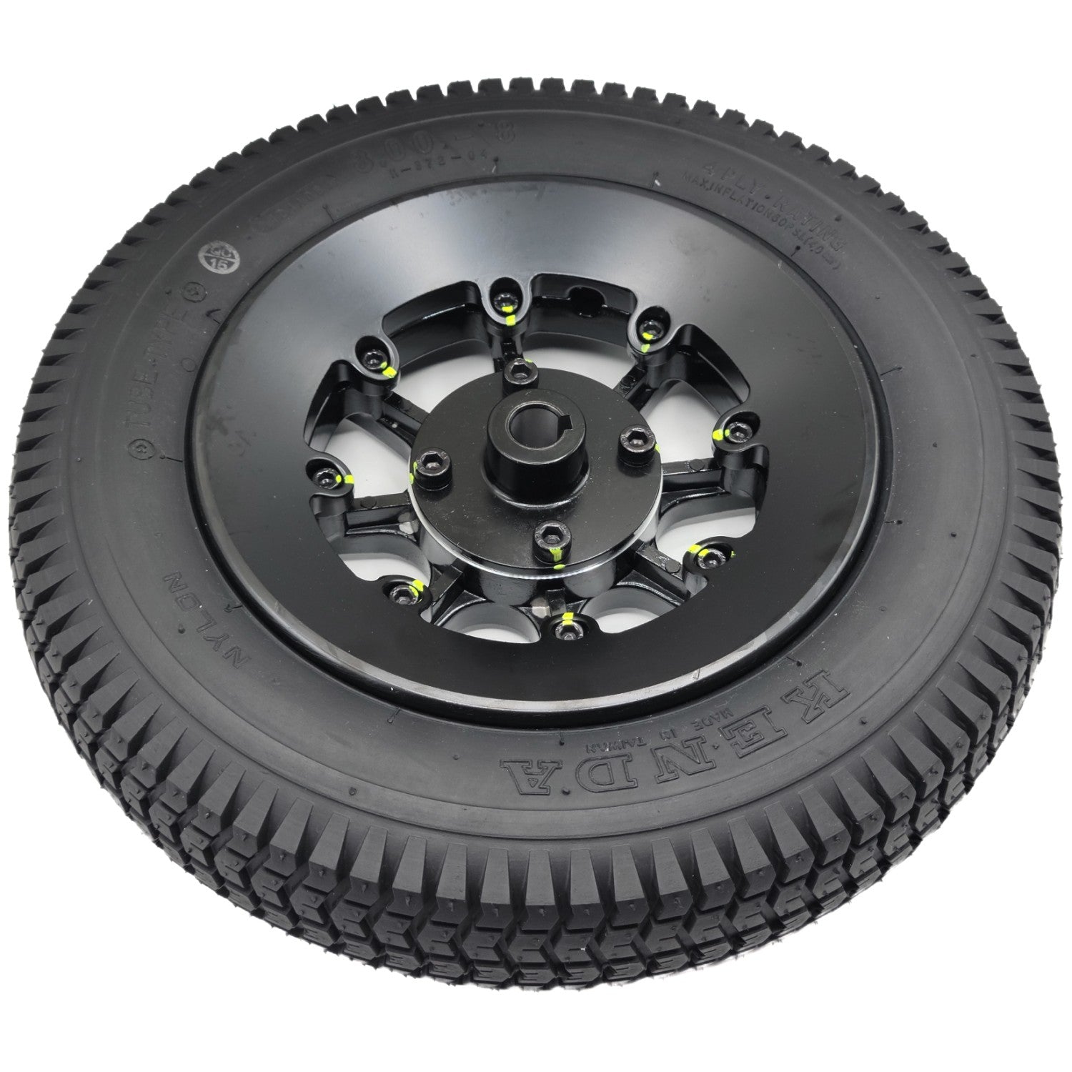 The 3.00-8 Drive Wheel Assembly for Merits Vision Ultra Wheelchair features a stylish silver rim with a Kenda nylon black flat free tire.